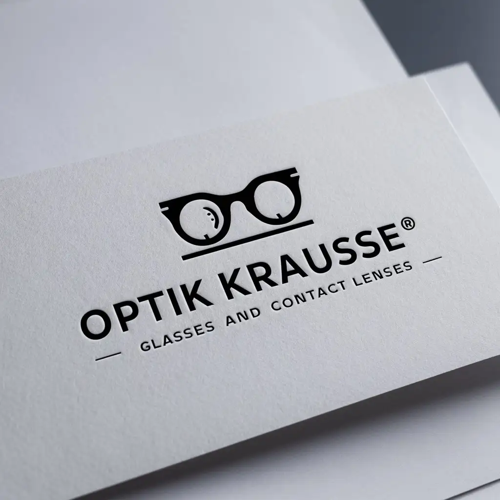 a logo design,with the text "OPTIK KRAUSSE'' glasses and contact lenses", main symbol:The logo should include text that reflects modern eyewear styles. Preferred color is black. Must be a logo on a white stationery mockup,Moderate,clear background
