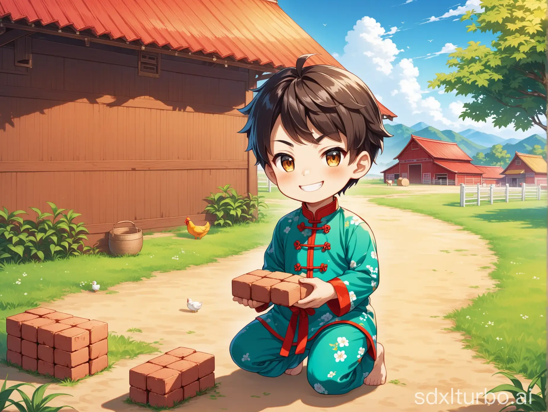 A boy, kneeling, holding a brick in his hand, in a farmyard,, Full body shot, Tang suit,  smirk, ,  