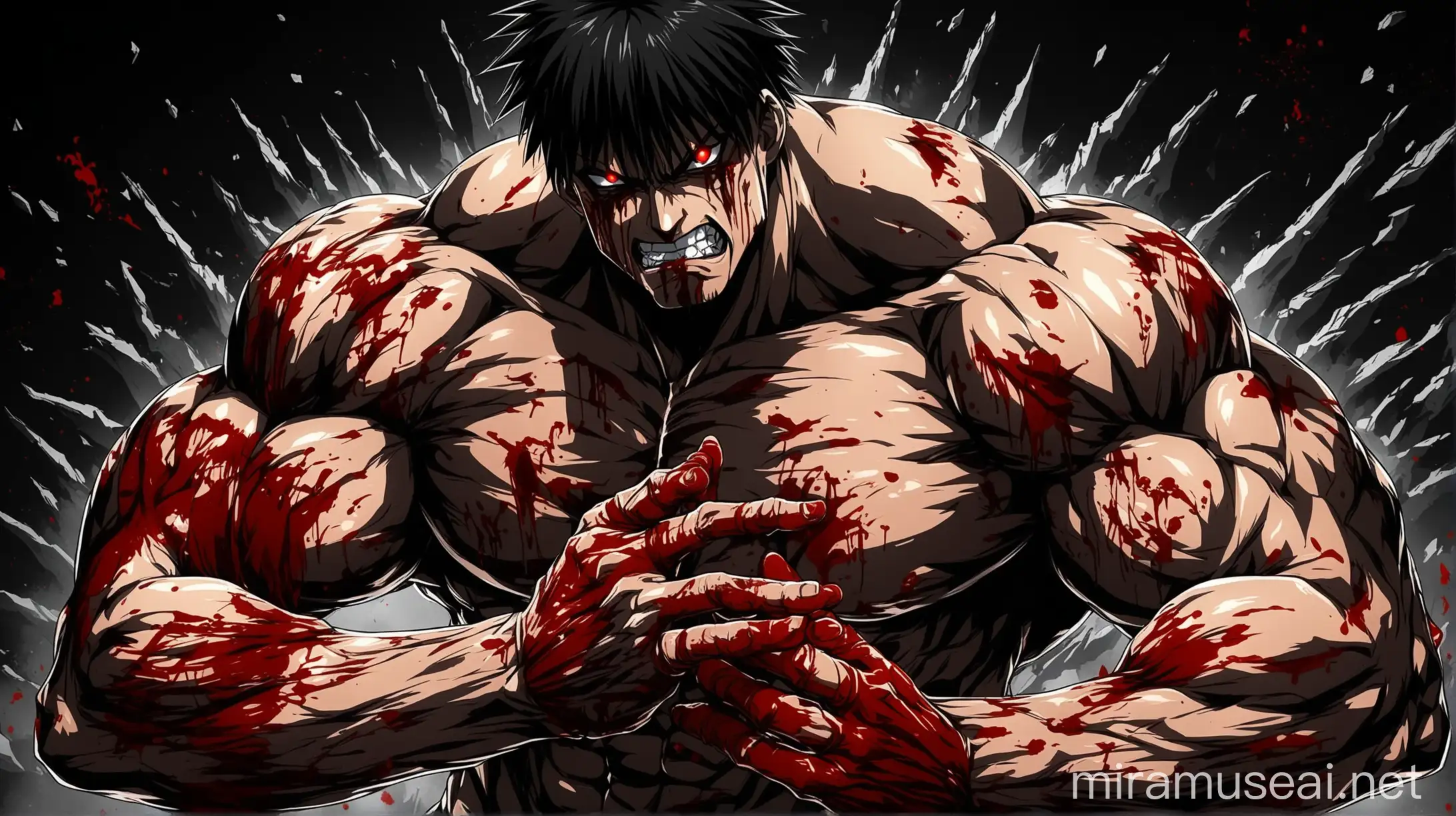 dangerous and cool anime character with bloody hands and muscular