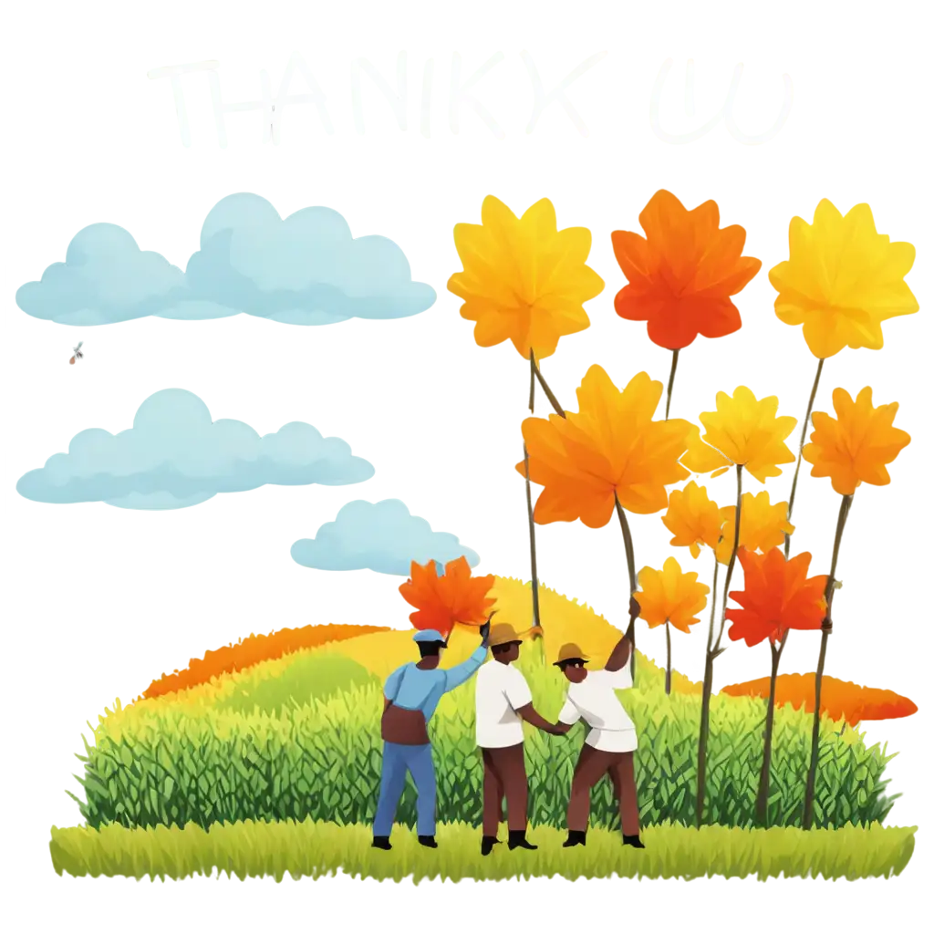 Generate an illustration of a peaceful countryside scene with workers harvesting crops, a factory in the background, and a large, colorful "Thank You" sign floating in the sky, symbolizing gratitude for labor on Labor Thanksgiving Day