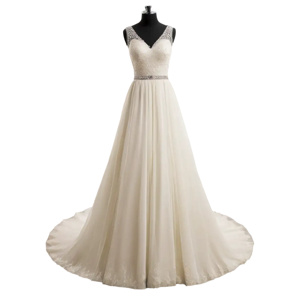 Create a high-quality, transparent PNG image of a beautiful white wedding dress with a elegant silhouette