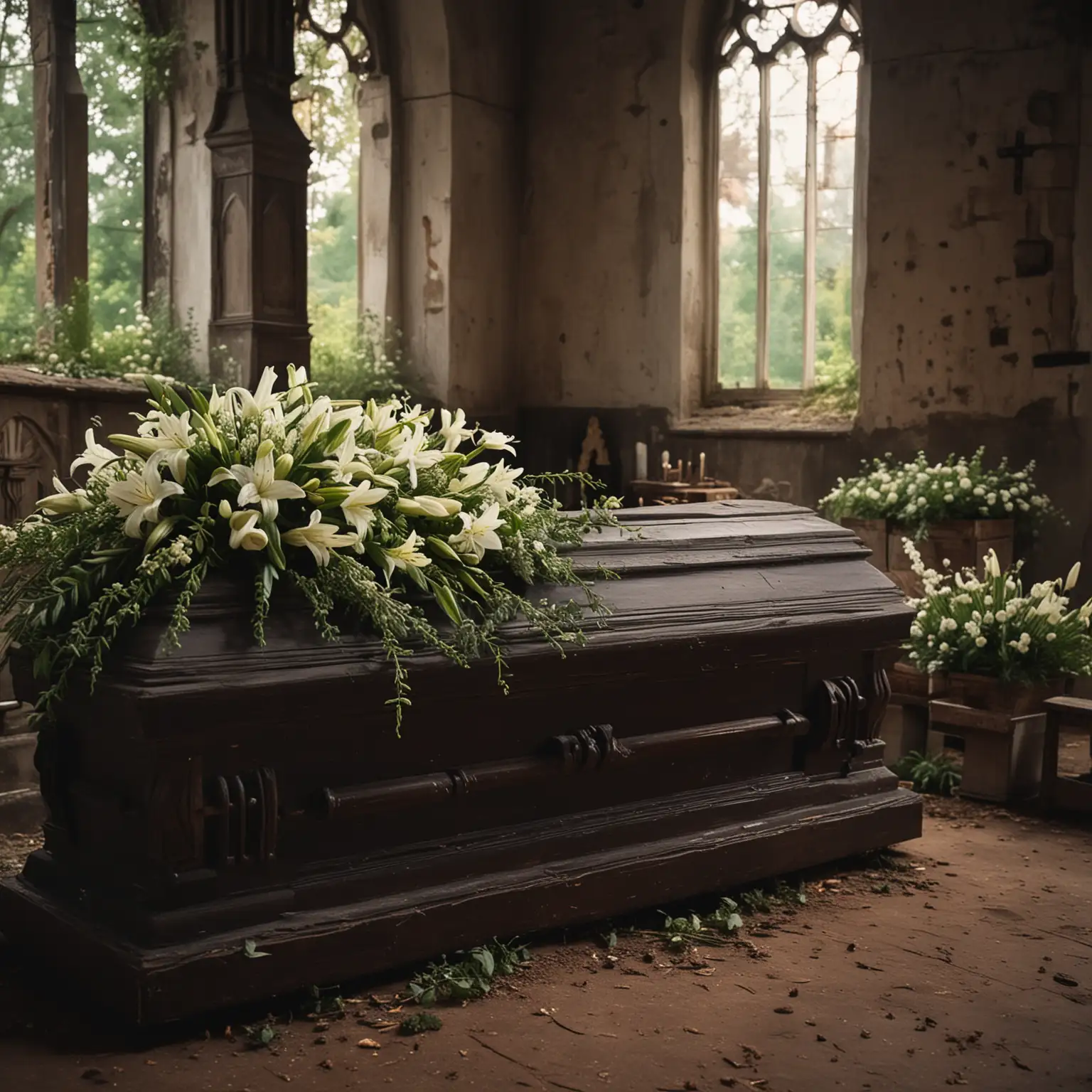 Dark Beautiful Coffin with Lilies in Old Church Setting
