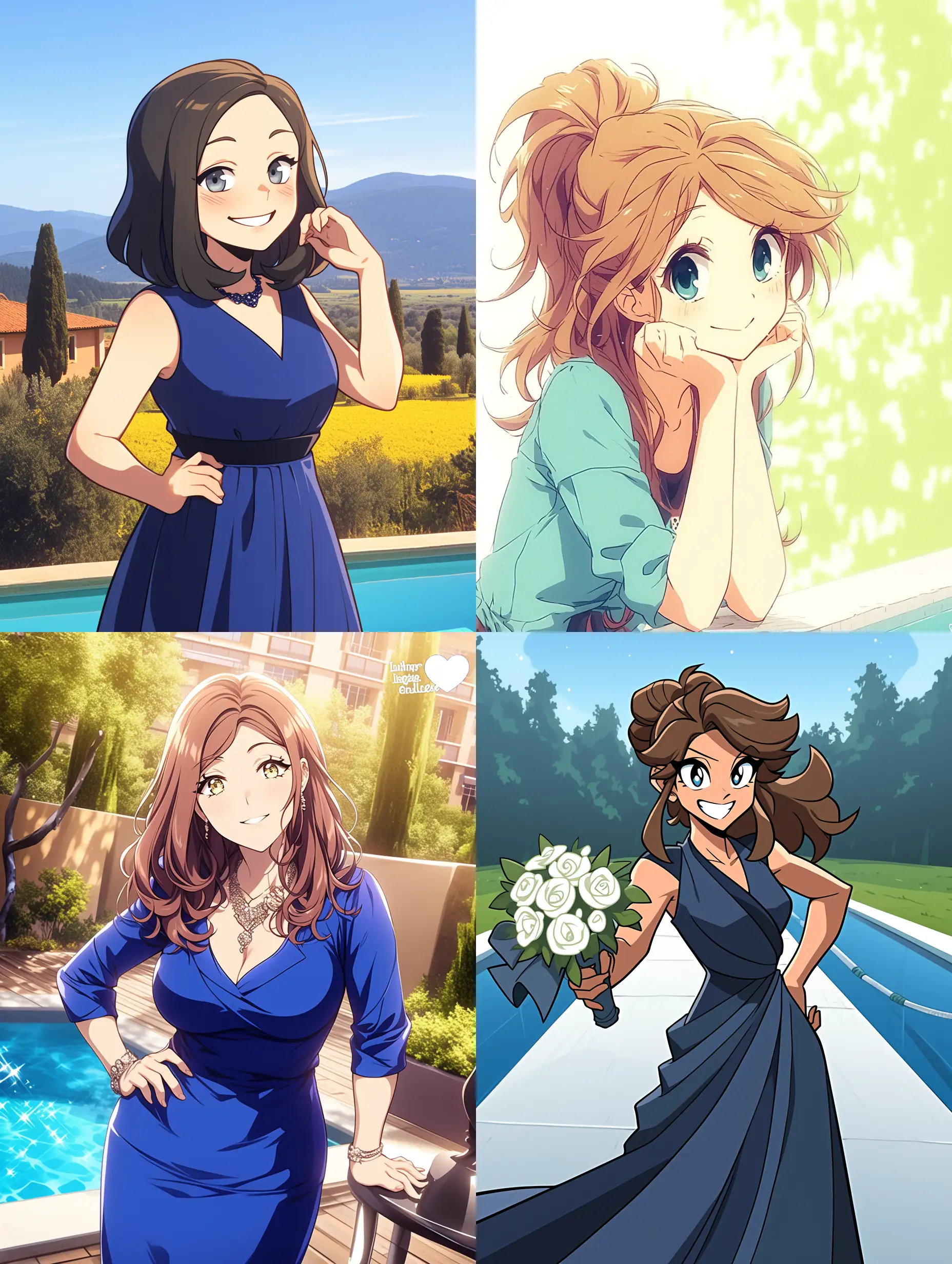 an anime woman in a blue dress is posing near the pool, in the style of lilia alvarado, in the style of kawaii manga, in the style of romantic manga, in the style of jay anacleto, fairy academia, dynamic anime, shiny eyes, smooth and shiny, tranquil gardenscapes, vibrant illustrations --chaos 20 --ar 3:4 --stylize 900 --niji 6