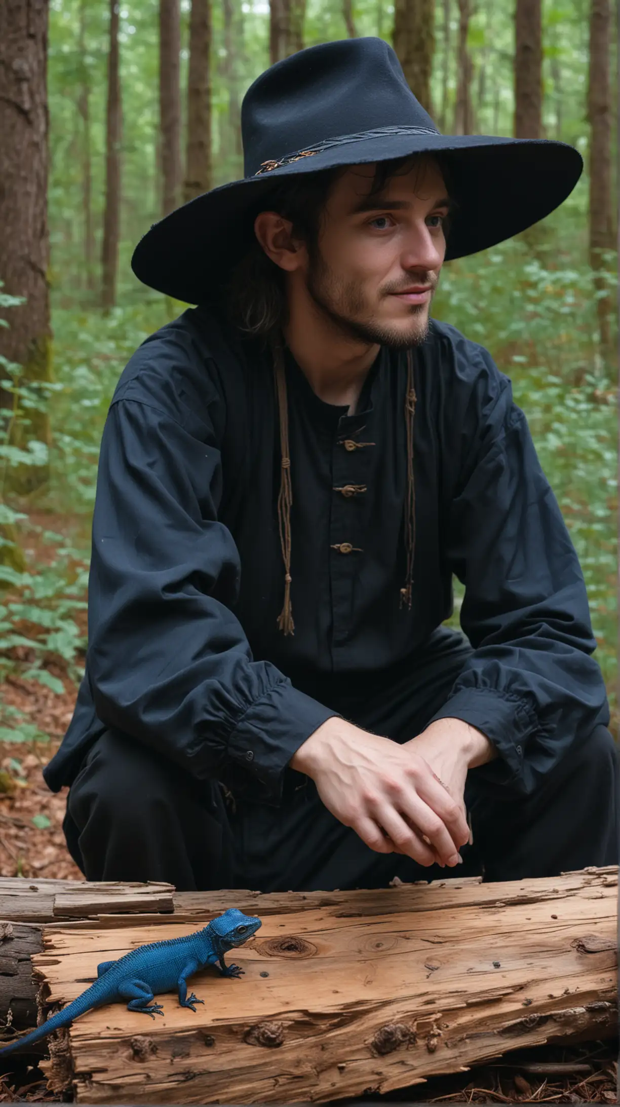  A man sits on  a log in a forest during the evening.  He wears black clothing and a black wide brimmed hat.  He has a smirk on his face and wide eye of a bright blue.  He is playing a dulcimer and there is a small dark lizard on the back of his hand.