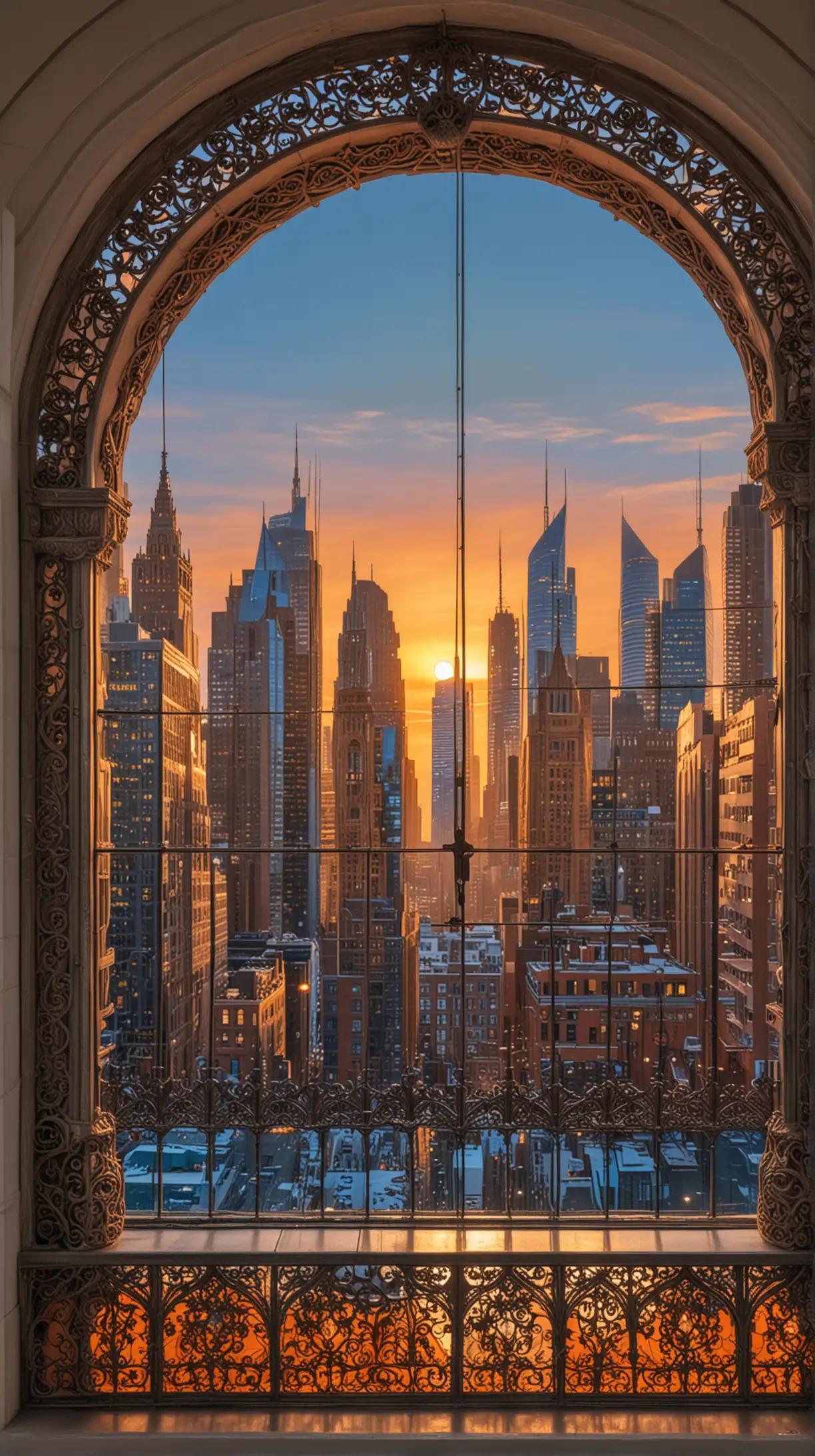 a futuristic cityscape seen through an arched window with ornate grillwork. The central focus is a towering skyscraper surrounded by other high-rise buildings, and the sky displays hues of orange and blue, suggesting either sunrise or sunset.