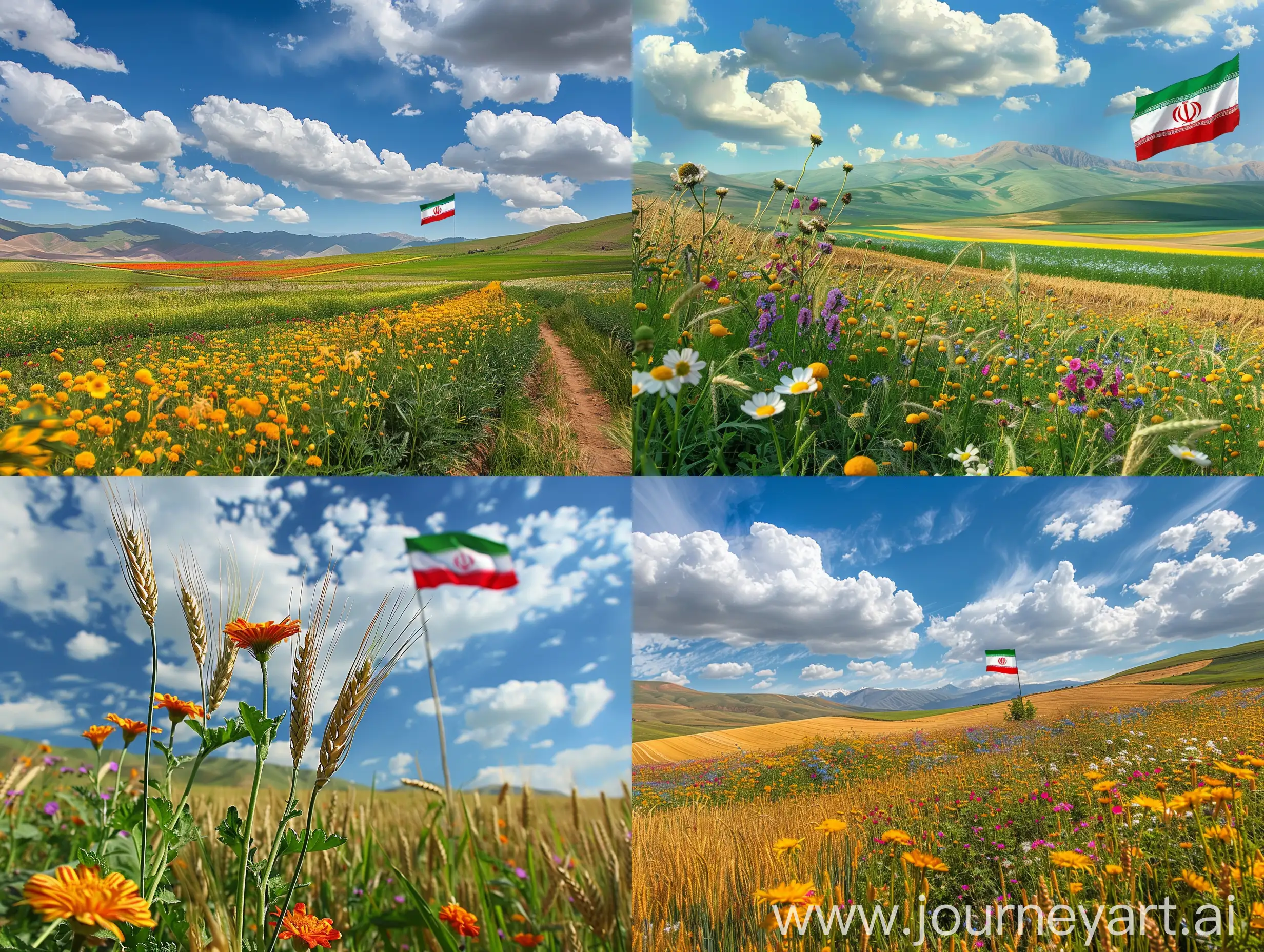 beautiful Iranian grain farms , clouds and flowers like a heaven , a glorious seen with Irans flag