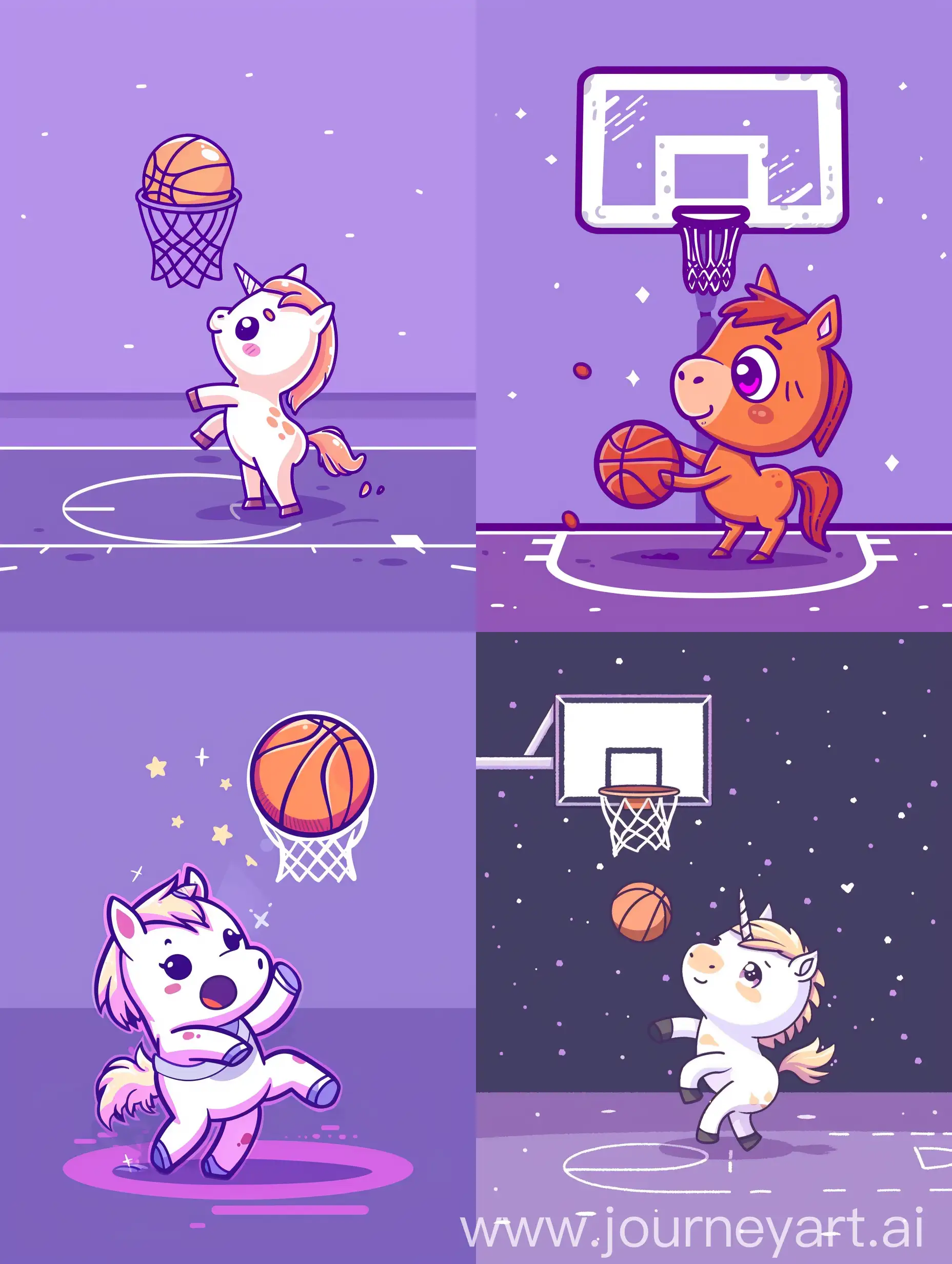 thin line style chibi cute horse playing basketball, with solid purple background, small object and center concentrated image, far view point