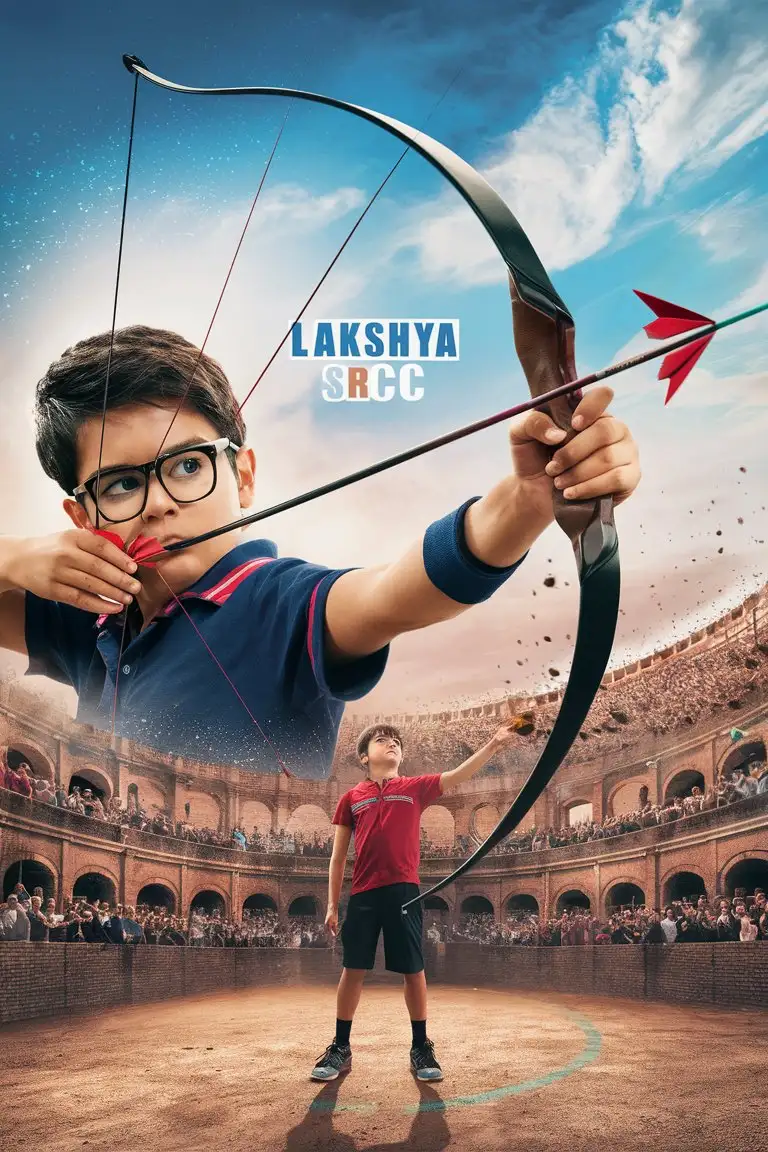 A 17- YEAR- OLD BOY WITH SPECTACLES SHOOTING AN ARROW COMING OUT FROM HIS BOW ON THE WAY OF HITTING ITS TARGET'S BULLSEYE DEPICTING FOCUS, HARDWORK AND A NEW START OVER FALIURE. HE'S STANDING IN THE CENTRE OF A COLOSSEUM-LIKE STRUCTURE WITH CROWD STANDIND AND WATCHING HIM FROM ALL AROUND GIVE MORE SIGNIFICANCE IN SHOWING THE ARROW ON THE WAY OF HITTING ITS TARGET 3D CLEAR WEATHER WITH A COLOURFUL AND HIGHLIGHTED TEXT IN SUITABLE PLACE 'LAKSHYA SRCC' MAKE IT 3D BEUTIFUL AND COLOURFUL WALLPAPER FOR DESKTOP