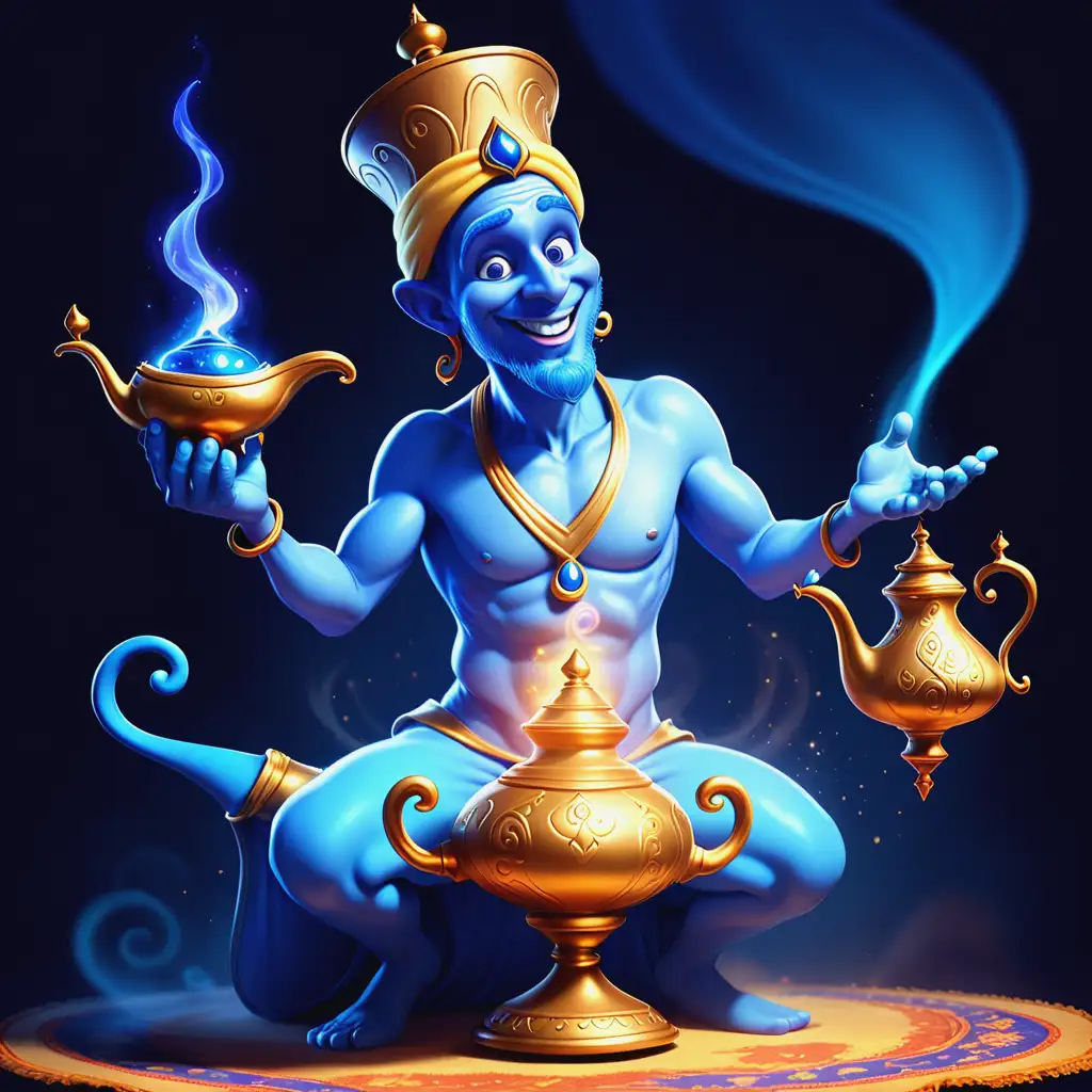 Happy Blue Genie Granting Three Wishes from Magic Lamp