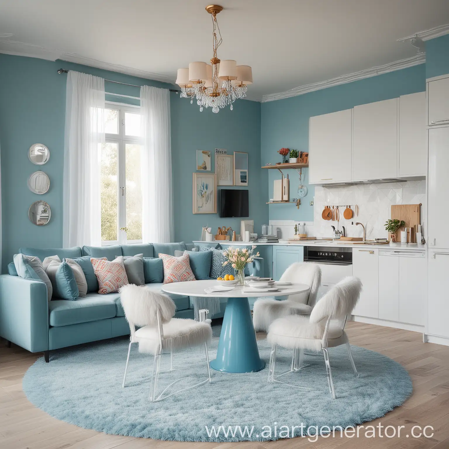 Современная кухня, яркие цвета, тюль, студия, круглый стол, мягкие стулья, угловая перспектива, синий цвет, мягкий белый коврик, торшер, диван