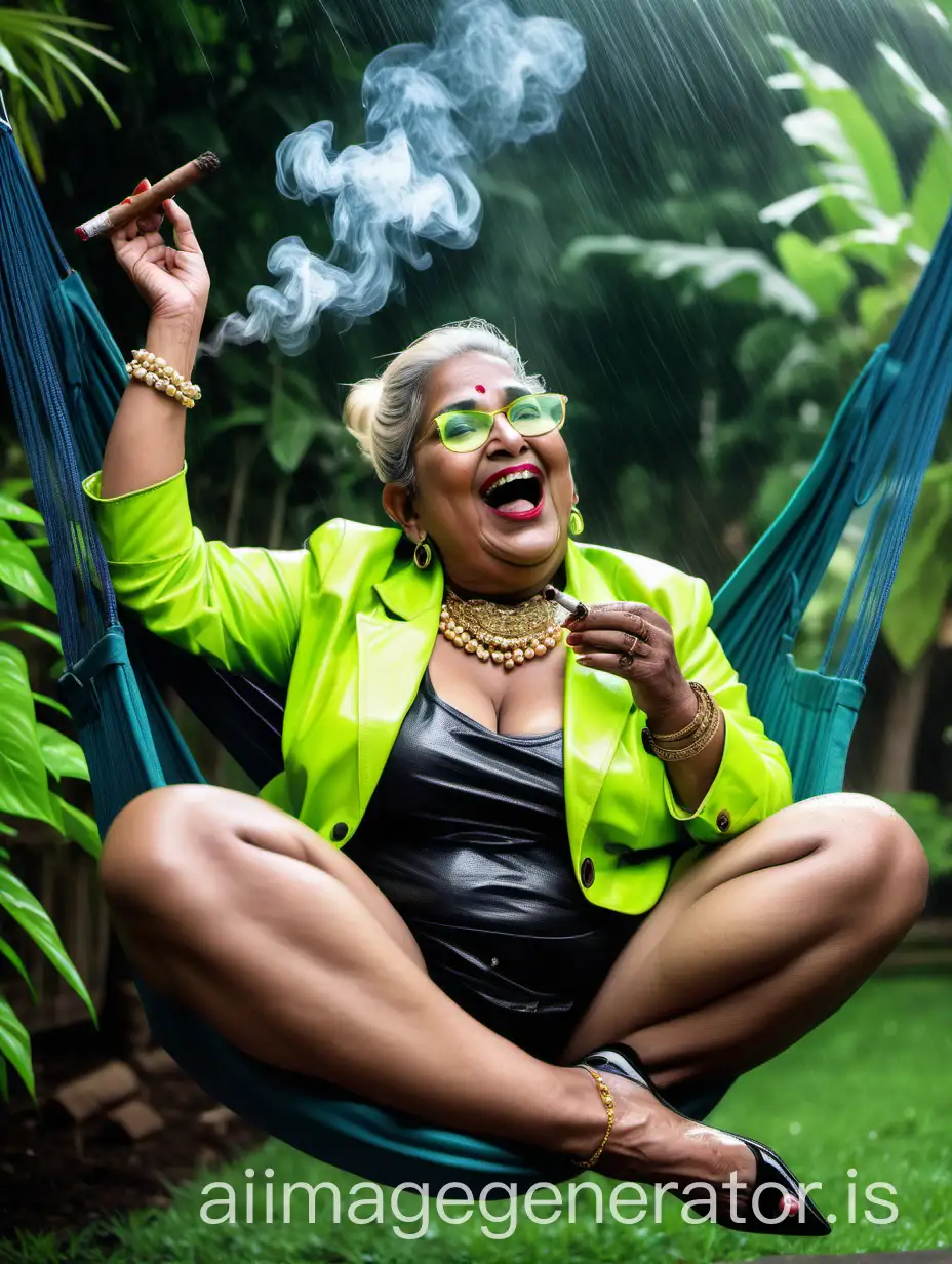 a Indian mature fat woman having big stomach age 57 years old attractive looks with make up on face, binding her high volume bleached hairs, open gajra bun Hairstyle. wearing metal anklet on feet and high heels, she is smoking a cigar in her hand, smoke is coming out from cigar. She is happy and laughing. She is wearing pearl neck lace in her neck, earrings in ears, a gold spectacles with chain holder on her eyes and wearing a neon green leather jacket and a neon green Control Briefs on her body. She is sitting in a hammock, in a luxurious garden and enjoying the rain, three black cats are sitting near her and its night time. It's raining very heavy. Show images from back side.