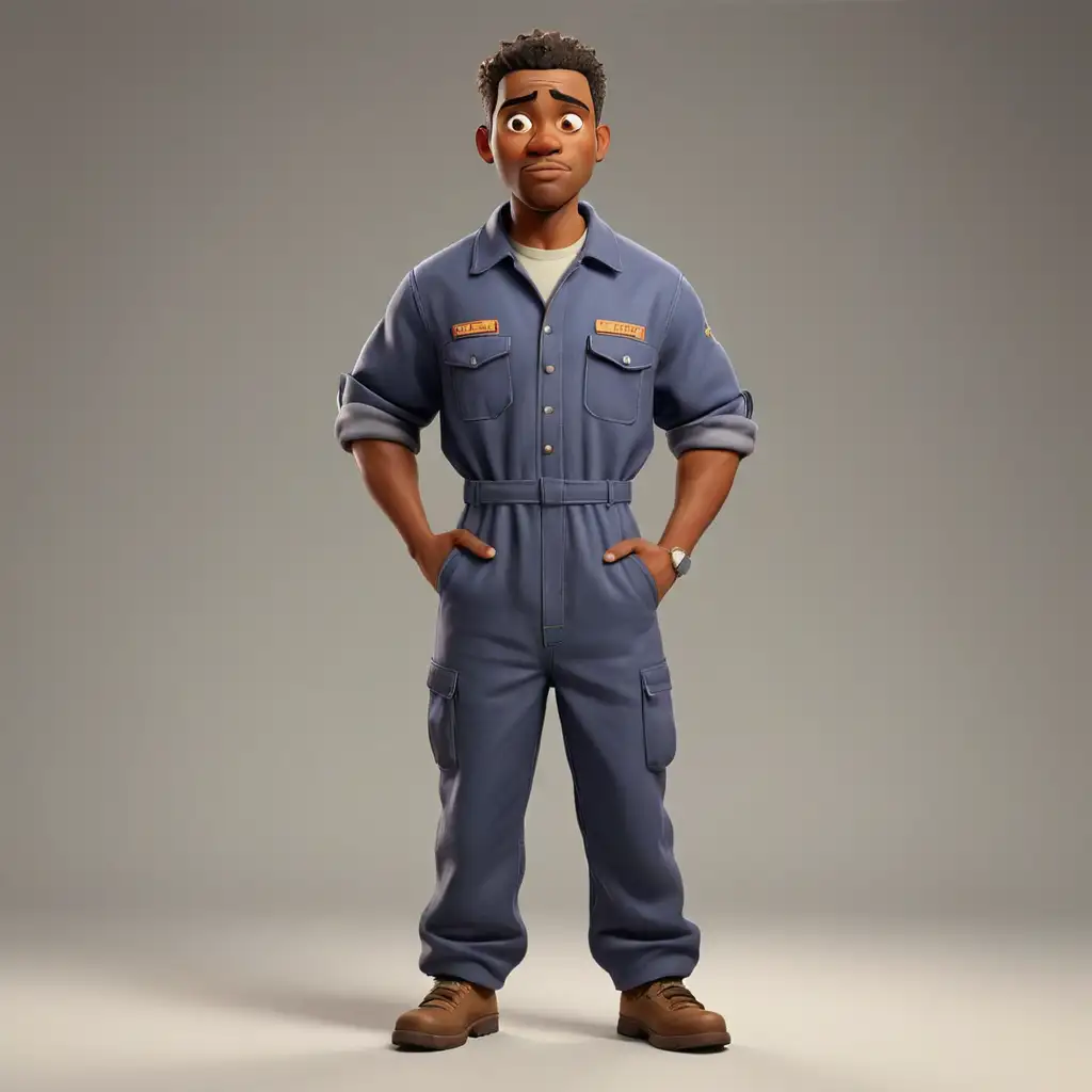 African american man in a work jumpsuit facing forward full body pixar style
