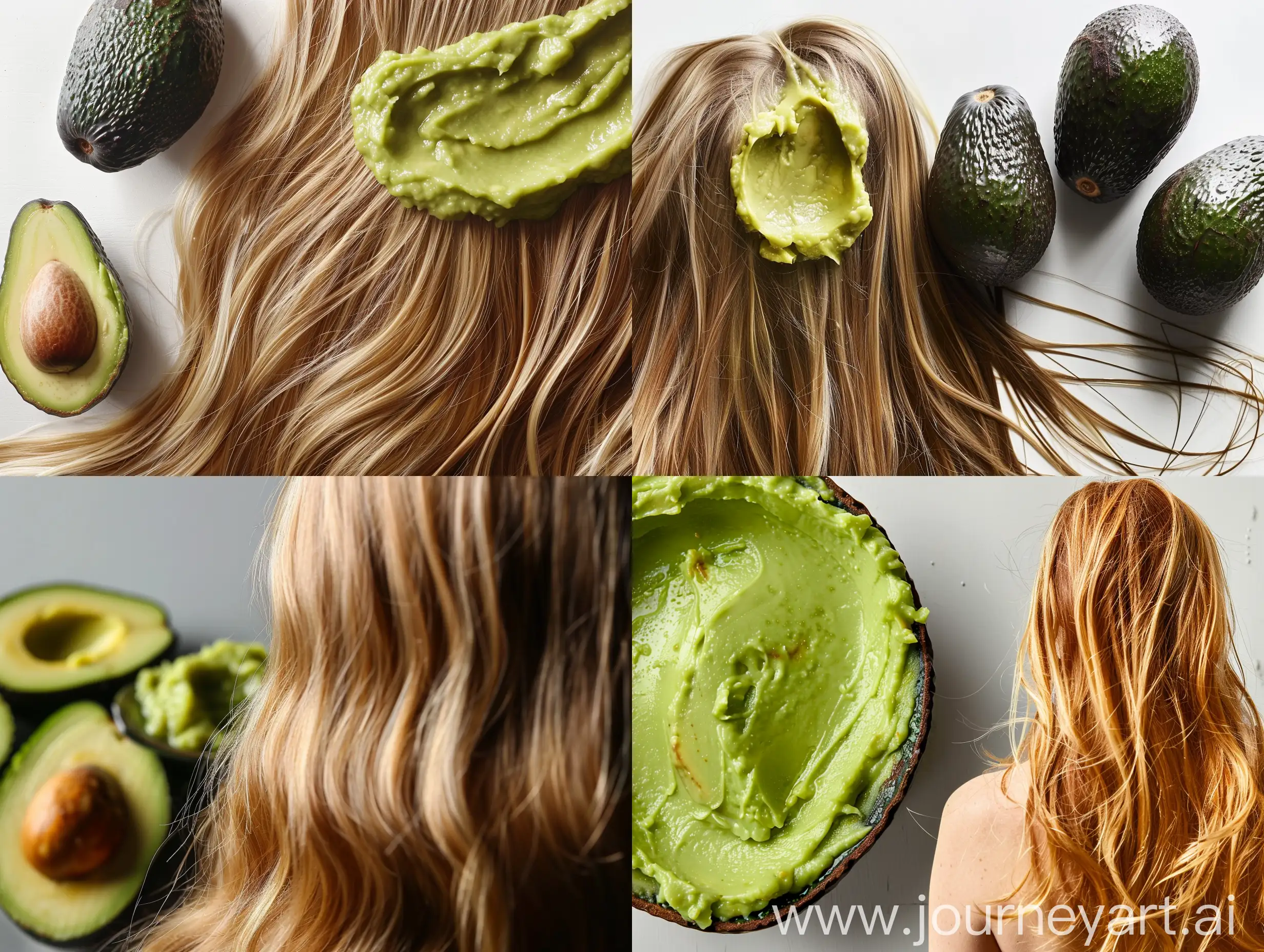 Real photo of a hair mask with avocado puree on a blonde woman's hair