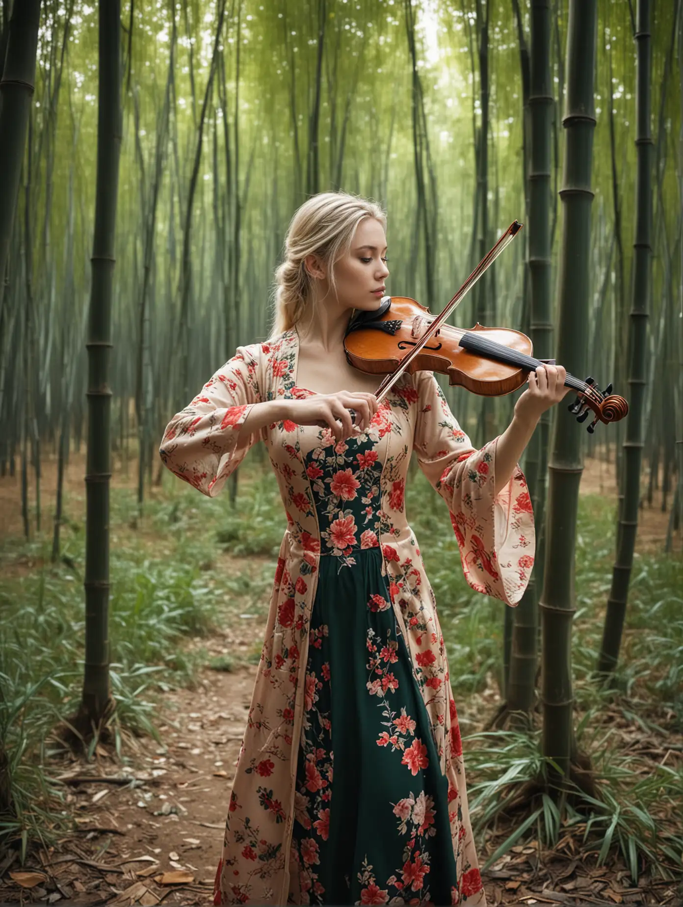a blonde European woman in a Chinese dress playing violin in a bamboo forest