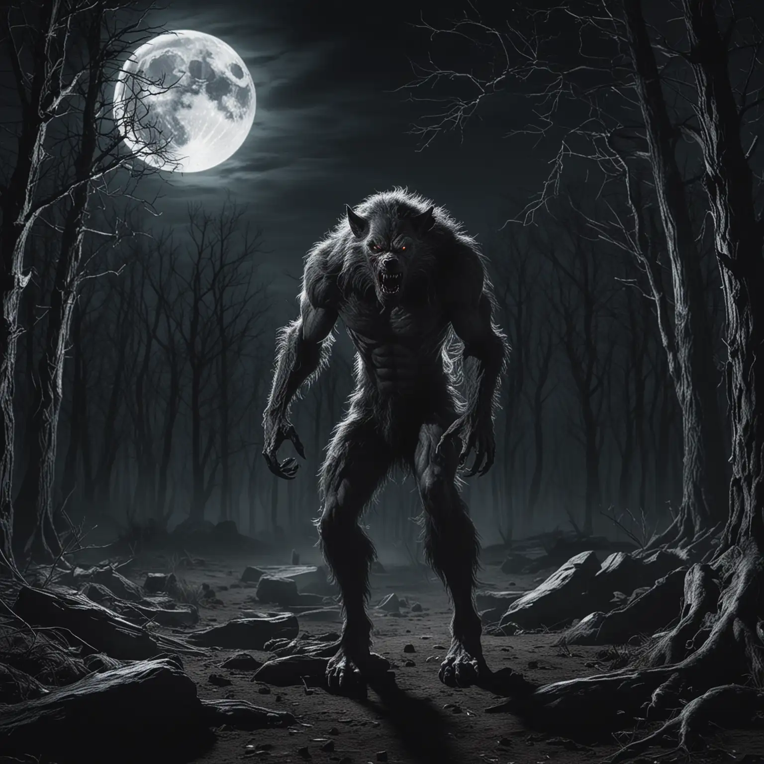 Werewolf in Barren Forest at Night with Full Moon