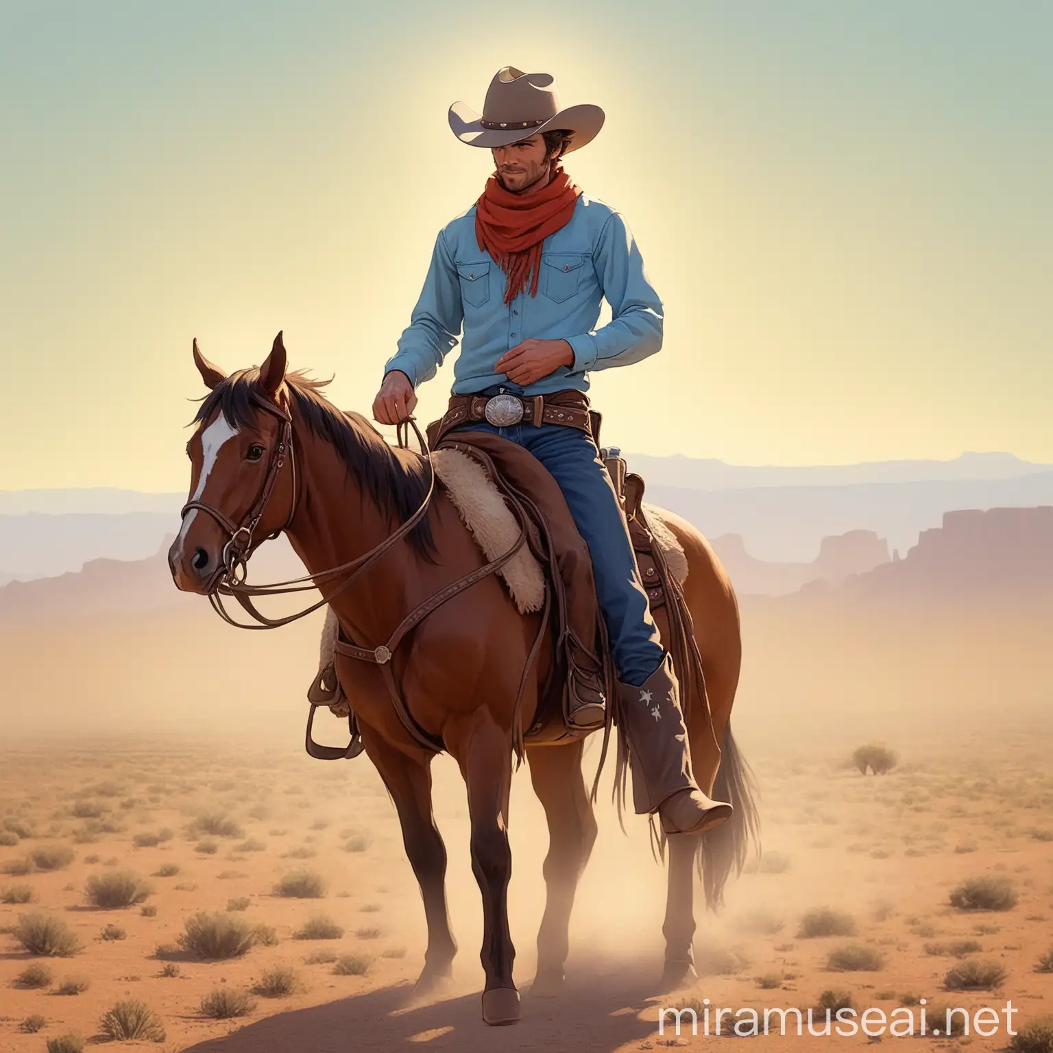 Rugged Cowboy Riding Through Dusty Prairie Landscape