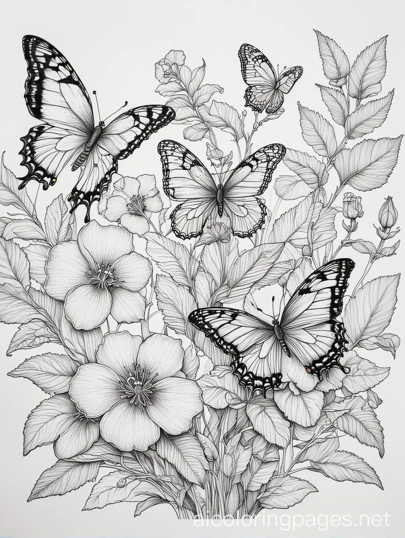violets and butterflies, Coloring Page, black and white, line art, white background, Simplicity, Ample White Space. The background of the coloring page is plain white to make it easy for young children to color within the lines. The outlines of all the subjects are easy to distinguish, making it simple for kids to color without too much difficulty