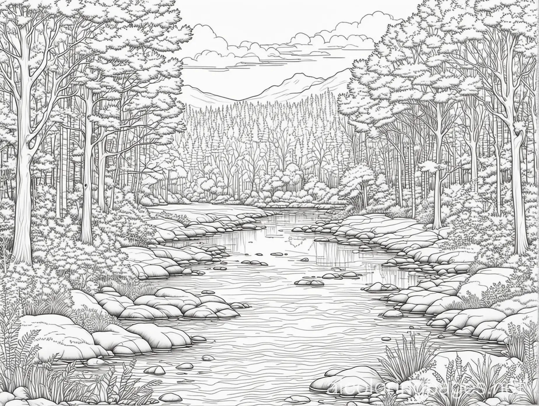 river scape with trees and fauna , Coloring Page, black and white, line art, white background, Simplicity, Ample White Space. The background of the coloring page is plain white to make it easy for young children to color within the lines. The outlines of all the subjects are easy to distinguish, making it simple for kids to color without too much difficulty