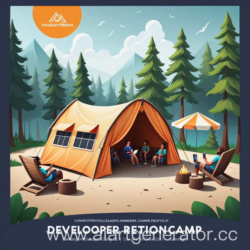 Нарисуй обложку для Developer Relations Summer Camp, размеры 1500 пикселей по ширине и 600 пикселей по высоте