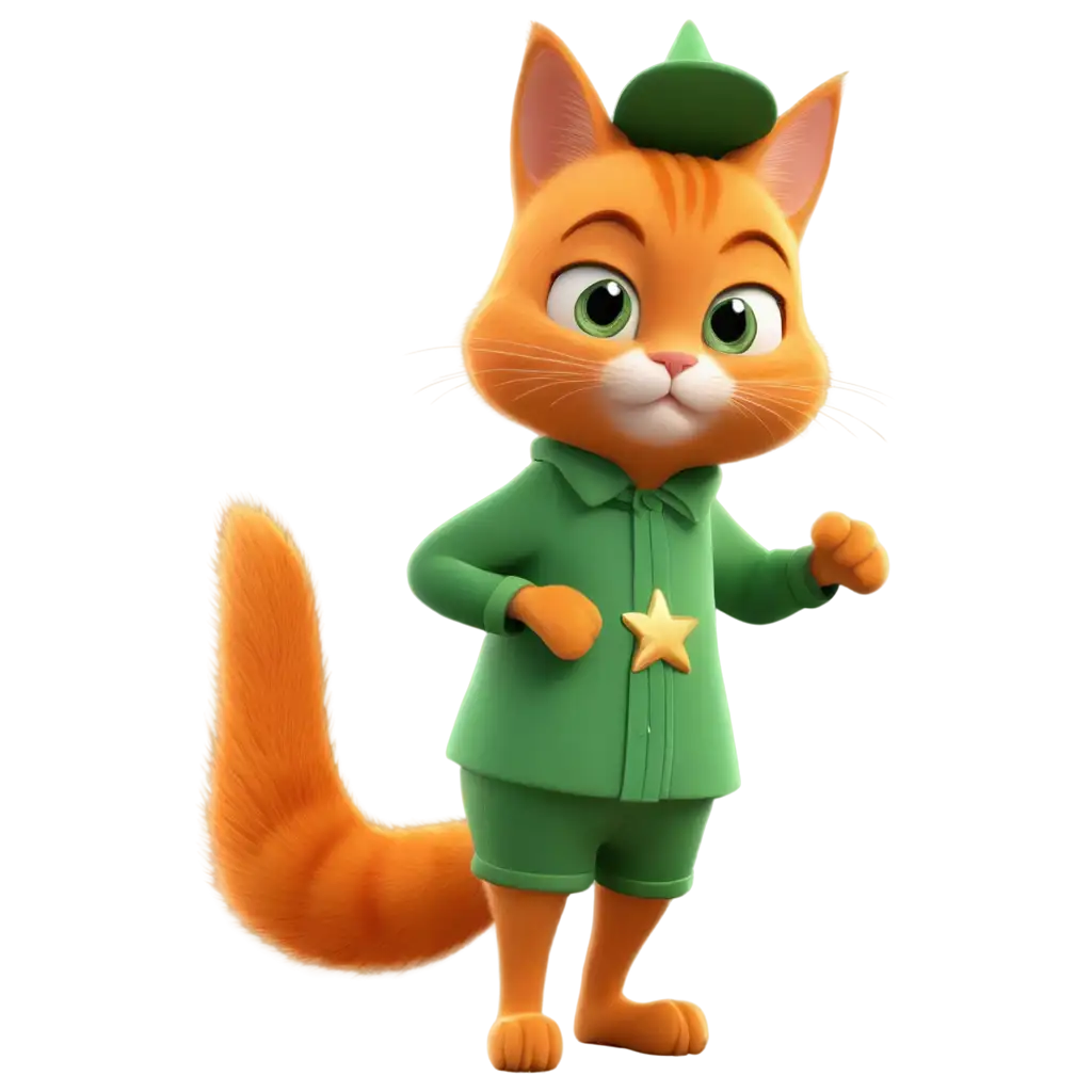 cute orange cat wearing green costume 3d animation style