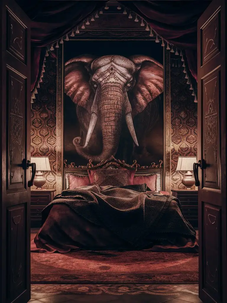 first person game inside a bedroom in a sultan's palace with an elephant.