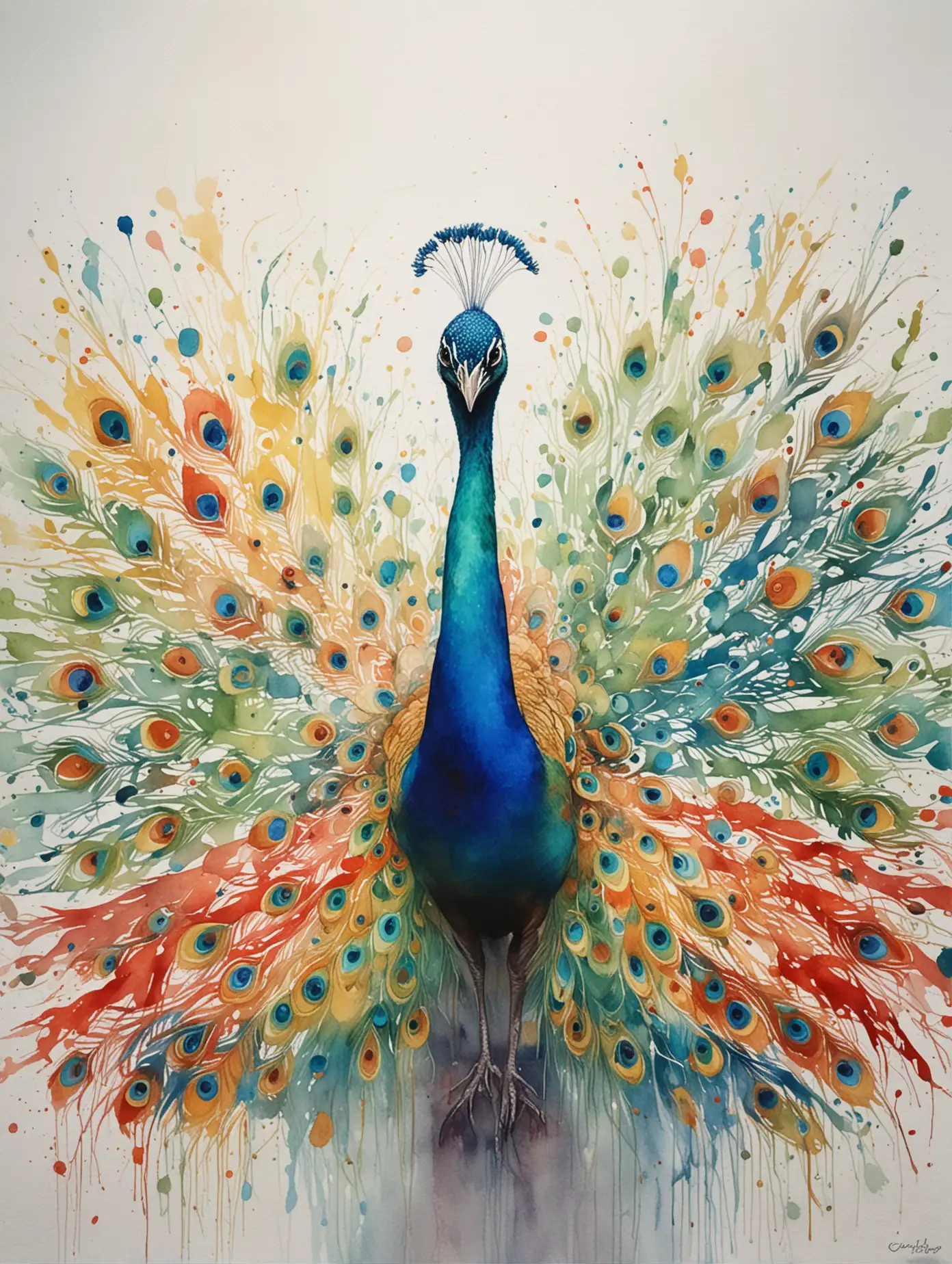 A full cavas captivating red, blue, yellow and green clean, artistic, symbolic, colorful, expressive, minimalist, watercolor, illustration of a peacock.