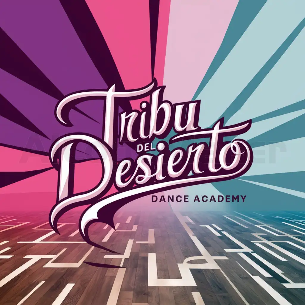 a logo design,with the text "Tribu del Desierto", main symbol:Create a logotype with the name 'Tribu del Desierto', do not guide by the name, this is a dance academy. Use purple, pink, light blue and white colors to create the logo. It should have a dance floor made of lines as background,Moderate,be used in 0 industry,clear background