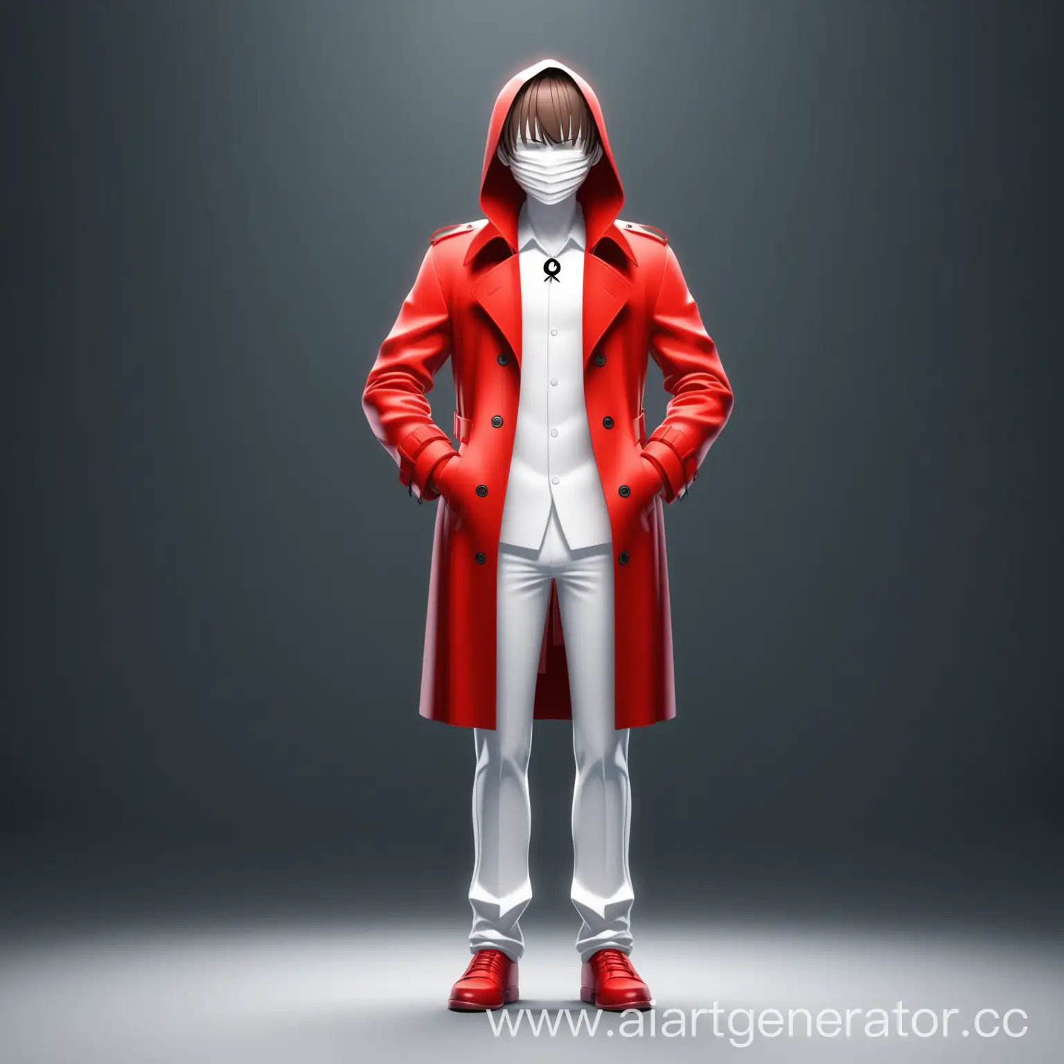 Аниме персонаж  Человек в полный рост , коричневые волосы на лице , прическа по бокам челка которое закрывает лицо, одежда красное пальто со знаком клинка , белая кожа. 3д