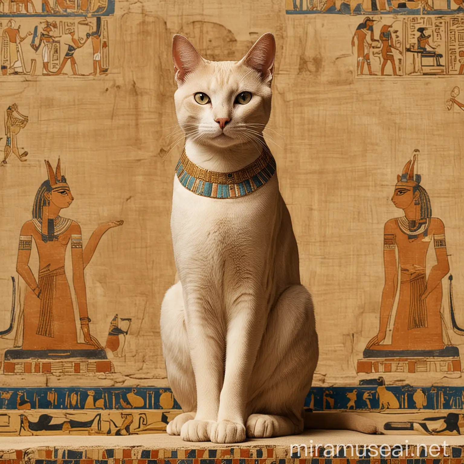 Ancient Egyptian Cat Deity Adorned with Hieroglyphs