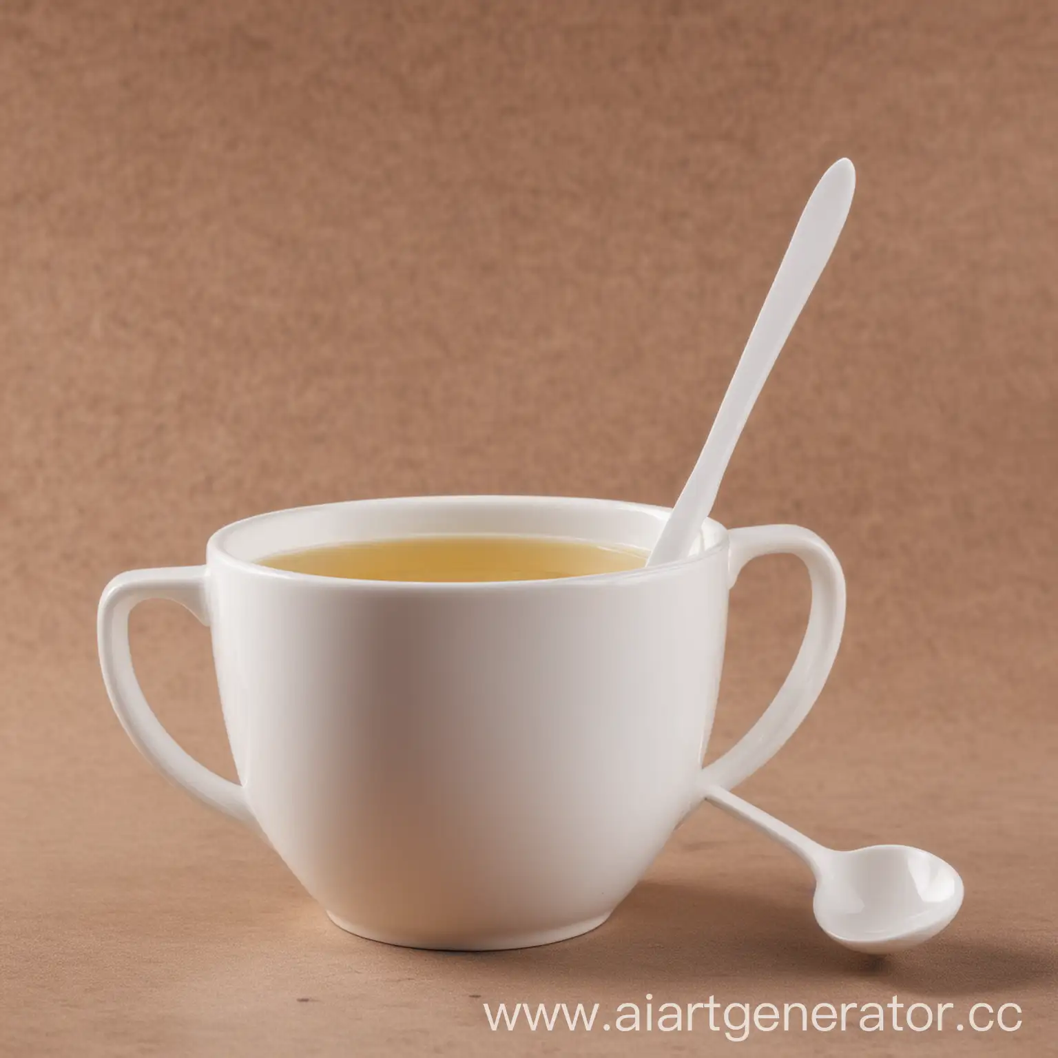 одноразовая пластиковая белая чайная ложка, на фоне кофейной чашки