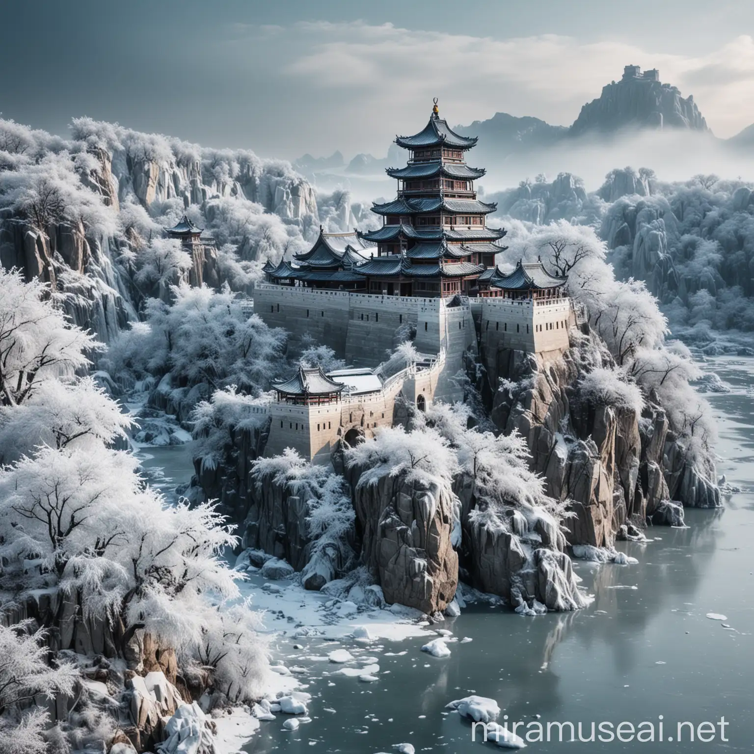 a chinese castle in a wonderful ice land with some trees beside it