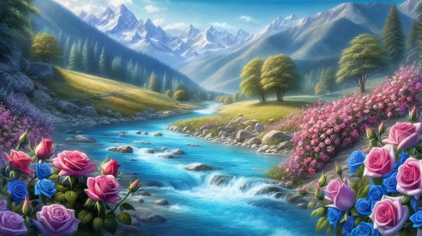 magical flowers and roses by a magical bright-blue river in the middle of the mountains