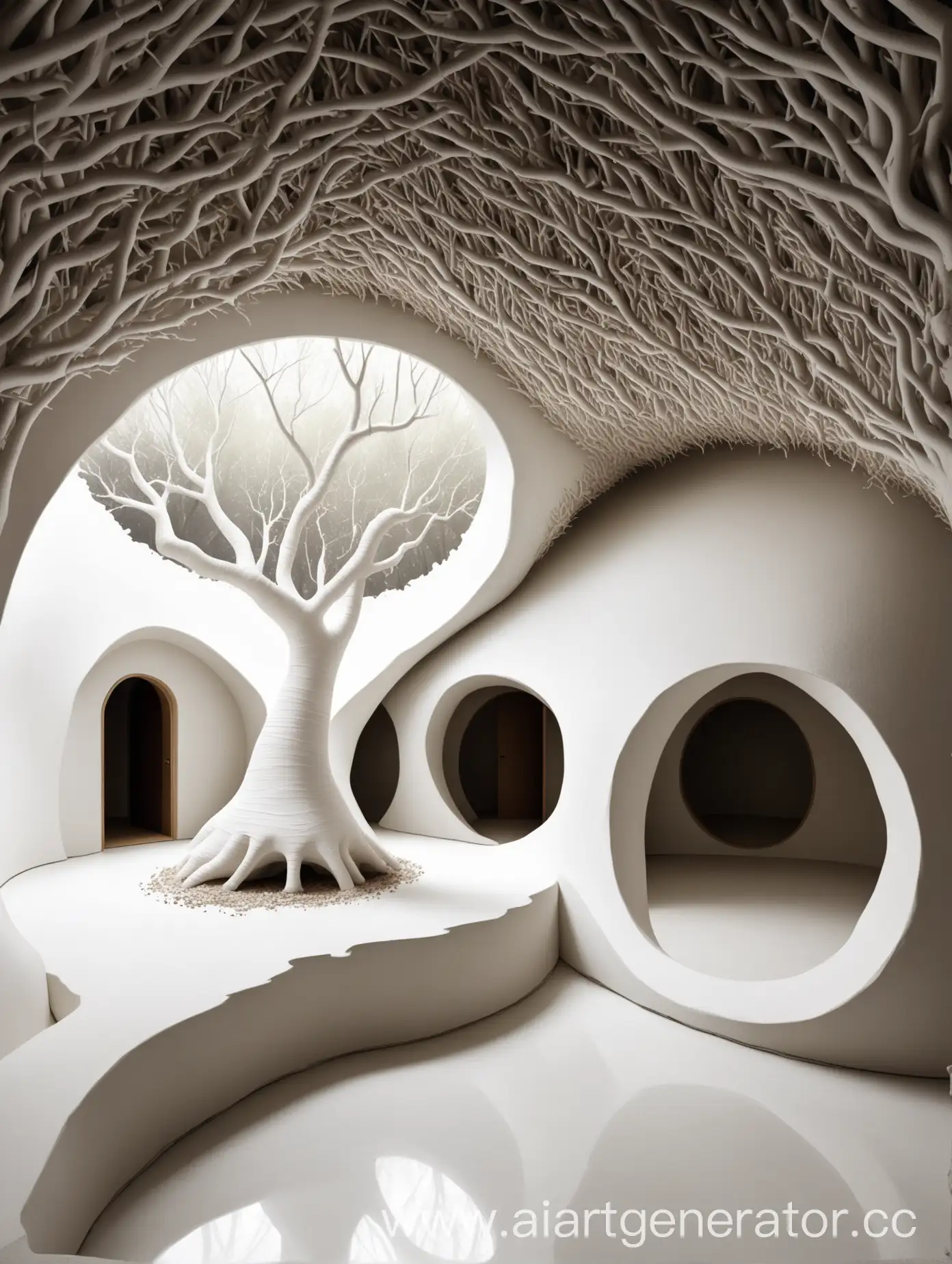 Organic-Tree-House-Interior-with-White-Clay-Walls-and-Living-Branches