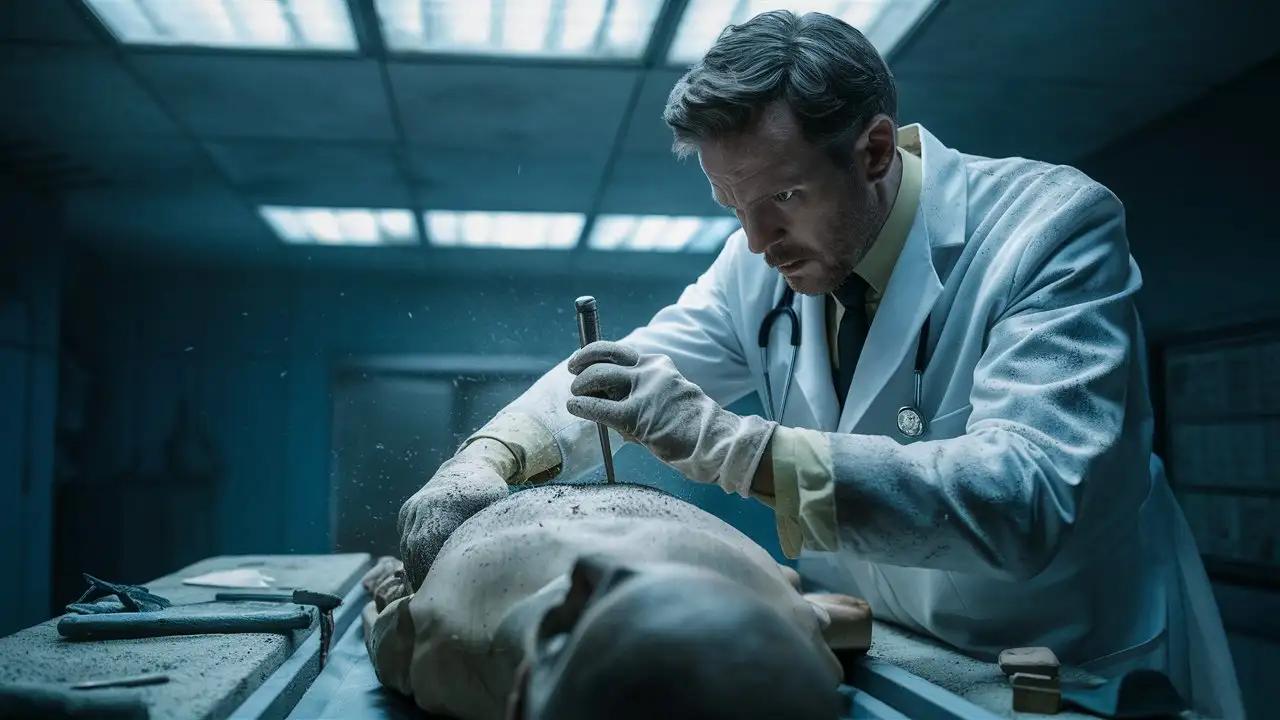 Detailed Morgue Autopsy Doctor Performing CloseUp Examination