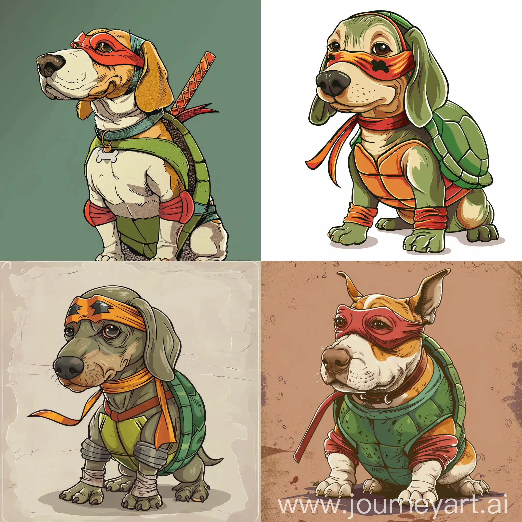 Cartoon Weiner dog dressed as ninja turtle