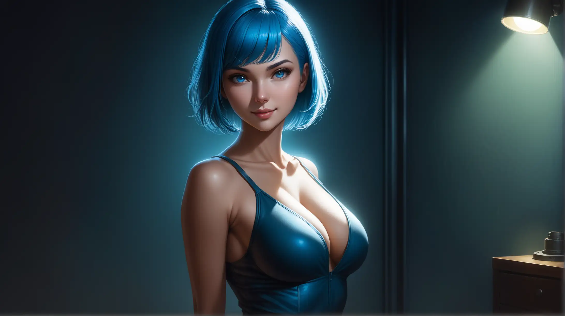 Draw a woman, short blue hair, flat bangs covering one eye, blue eyes, slender figure with a large bust, high quality, detailed, realistic, accurate, long shot, night lighting, indoors, seductive pose, outfit inspired from the Fallout series, smiling at the viewer