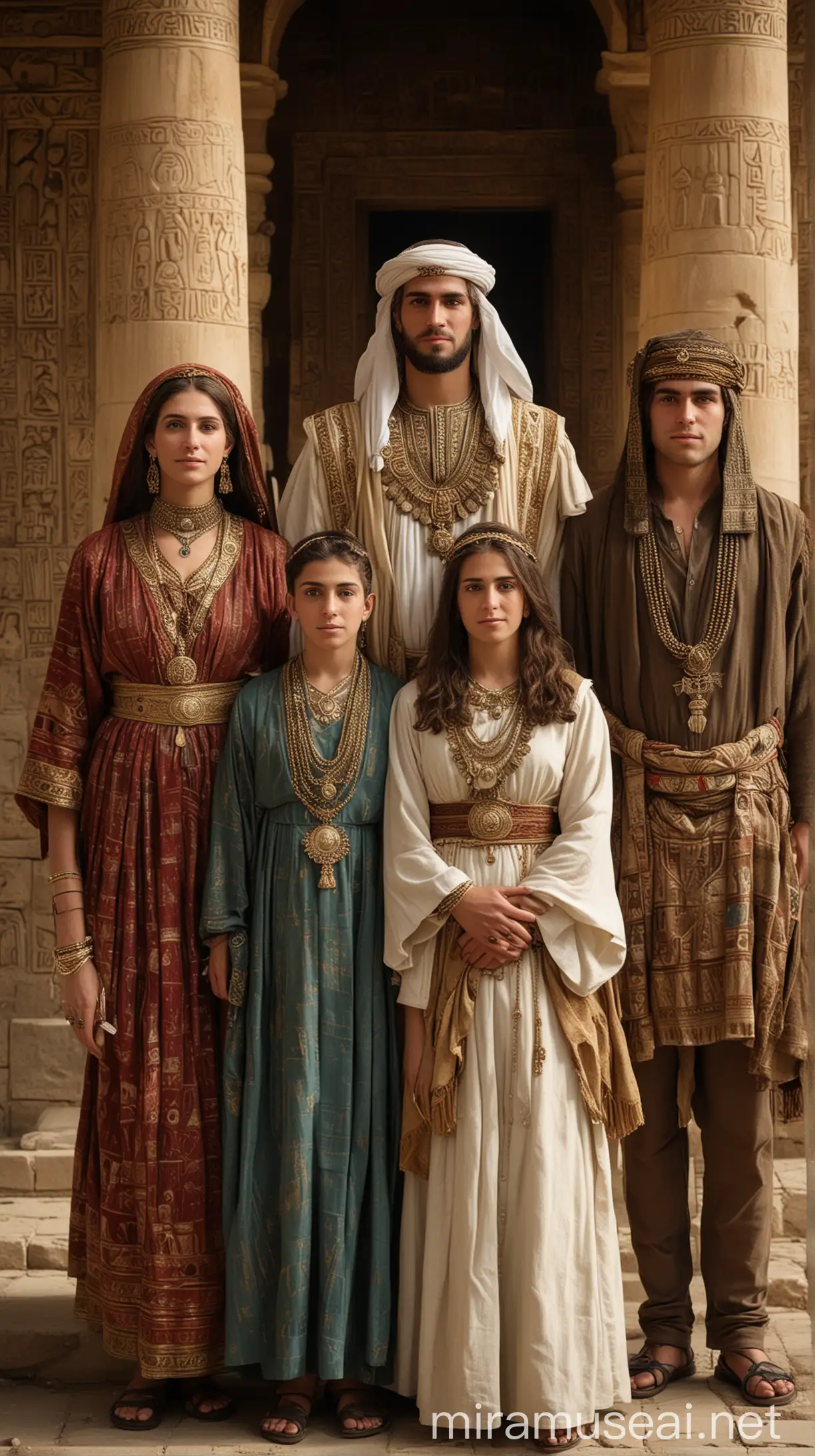 A regal family portrait with Onan, a young man with a subtle expression, standing alongside his parents Judah and the Canaanite woman, in a 17th century BC setting, surrounded by ancient architecture and attire."In ancient world 