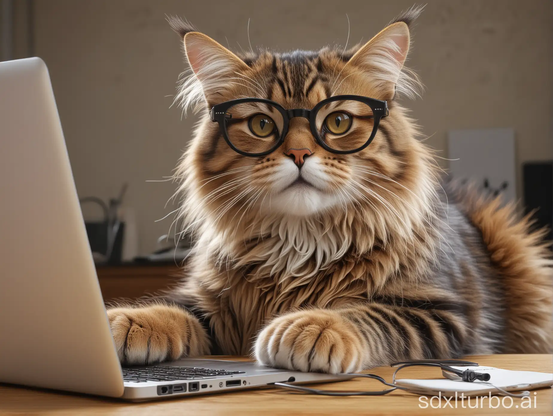 big domestic cat with big glasses using a laptop, photorealistic, FHD, hyper detailed