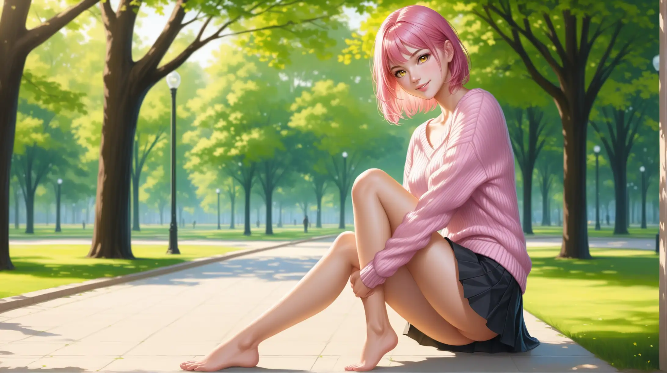 Draw a woman, short pink hair, yellow ringed eyes, slender figure, high quality, realistic, accurate, detailed, long shot, full body, outdoors, park, natural lighting, open-chest sweater, skirt, seductive pose, smiling toward viewer