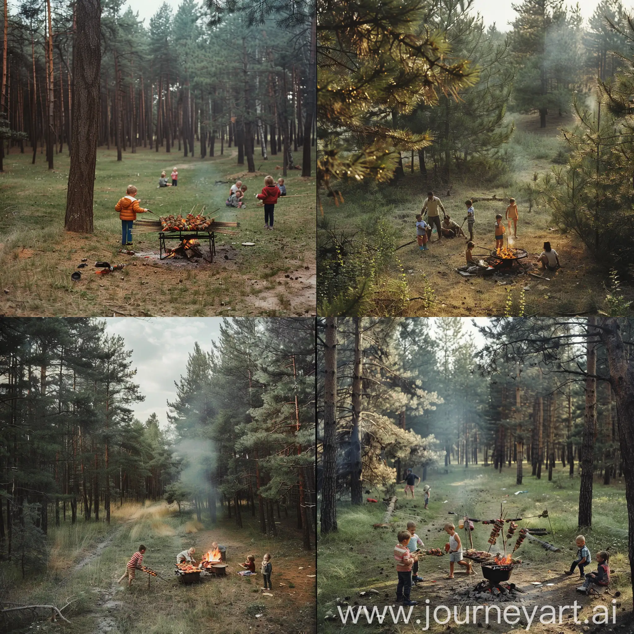 Фотография из далека. Сосновый лес, пустой пяточек, где семья жарит шашлык над костром, а дети играют рядом с ними 