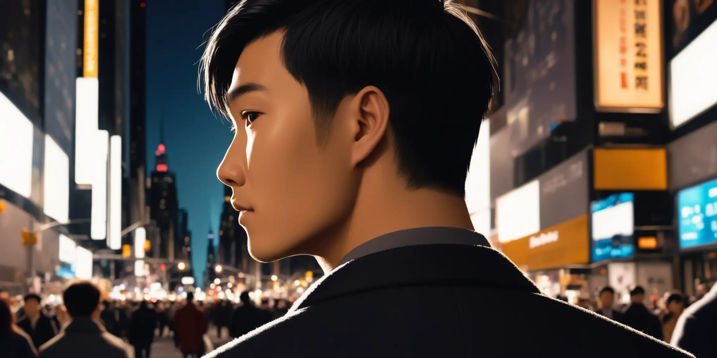 Handsome Asian Man Walking New York City Streets at Night