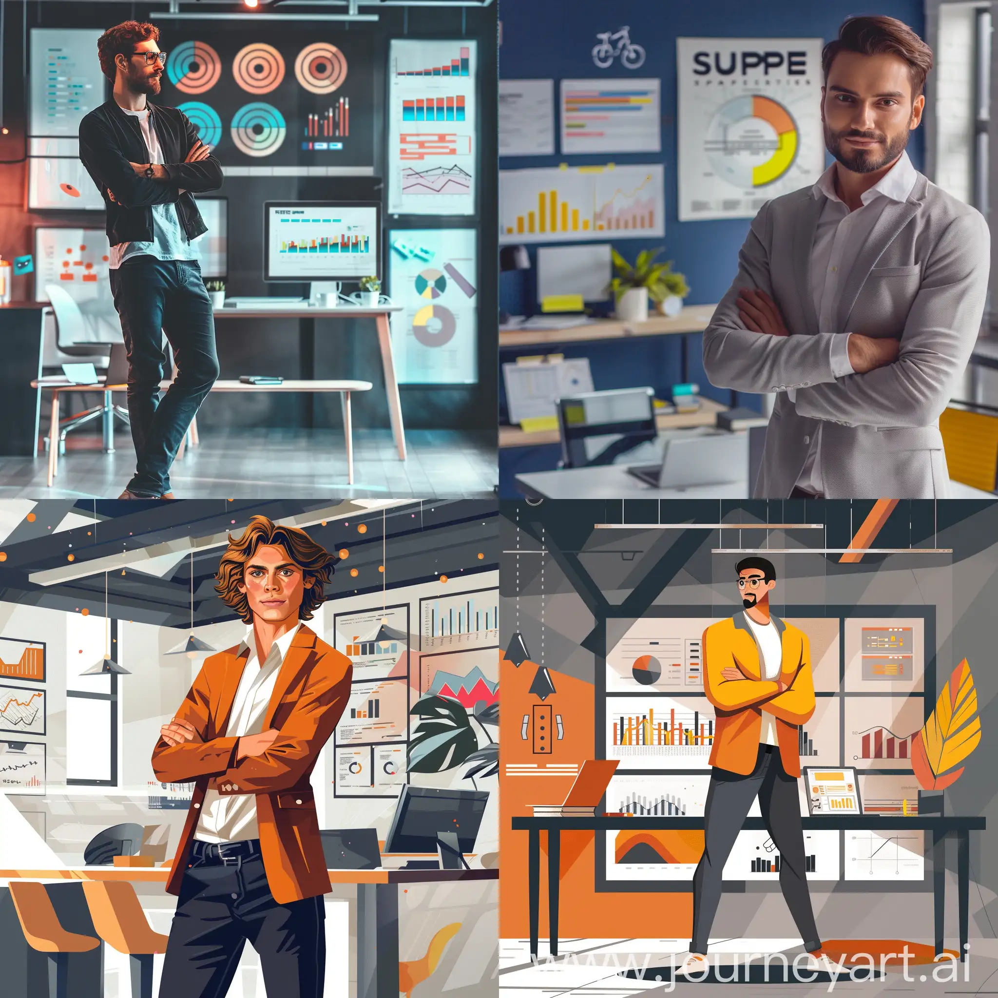 Create a visually striking and original image designed to capture the essence of a "super seller" for an iStock listing. The scene should feature a confident, dynamic salesperson standing in a modern, sleek office environment. The salesperson is depicted in a powerful pose, possibly with arms crossed or holding a tablet, exuding confidence and expertise. The office background includes elements like charts, graphs, or sales awards to emphasize success and professionalism. Use vibrant colors and sharp contrasts to make the image eye-catching and compelling.