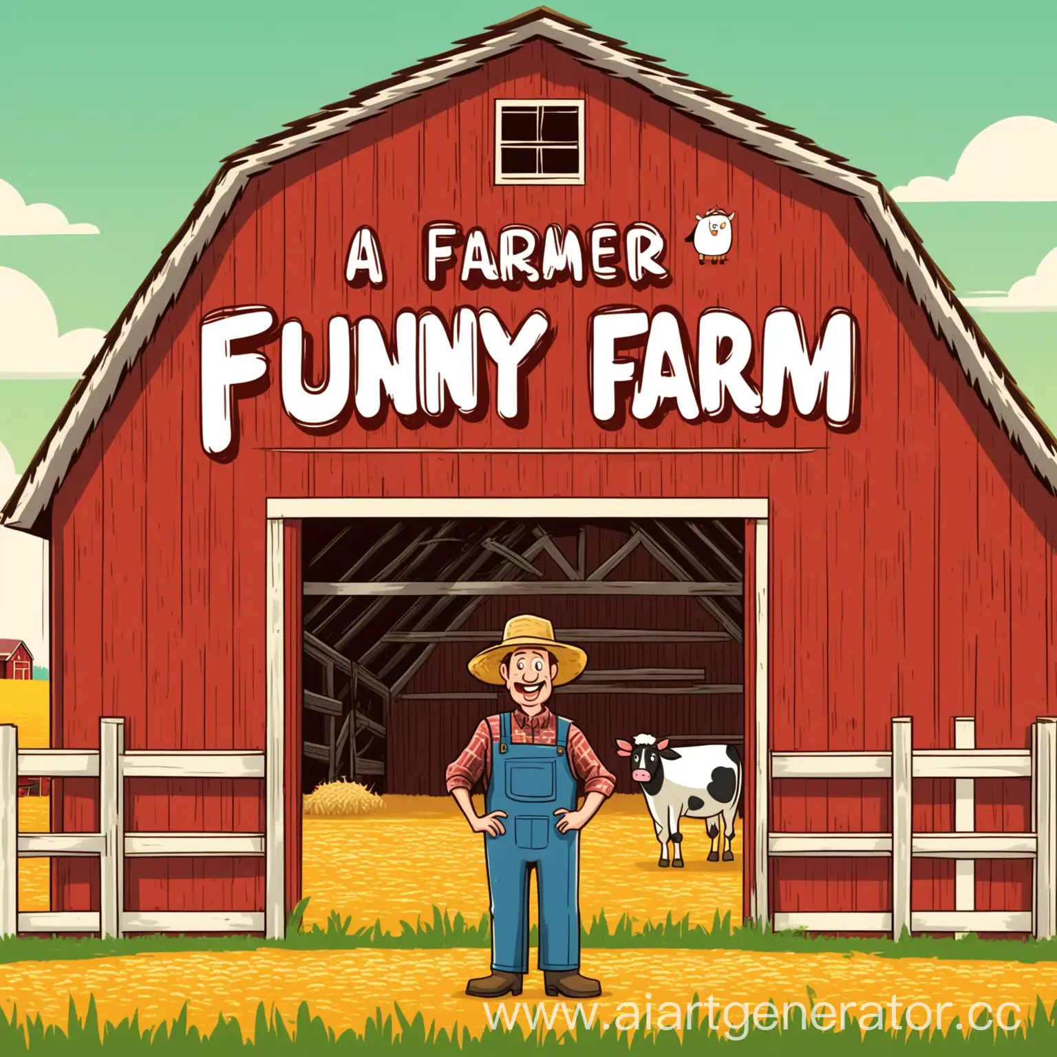 Мультяшный стиль, стоит фермер рядом с амбаром на котором написано «Funny Farm»