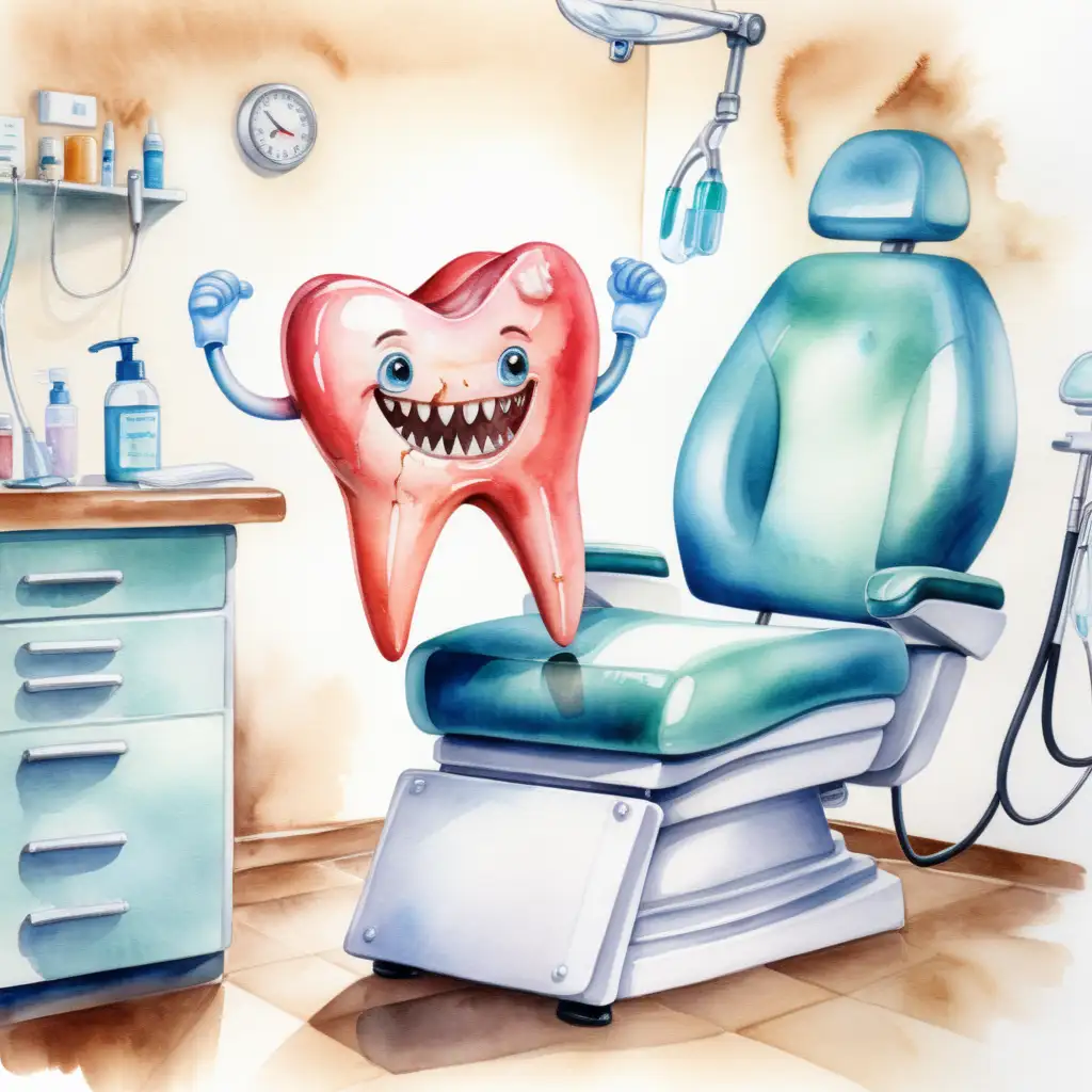 Dentist Sitting on a Giant Tooth Colorful Watercolor Illustration
