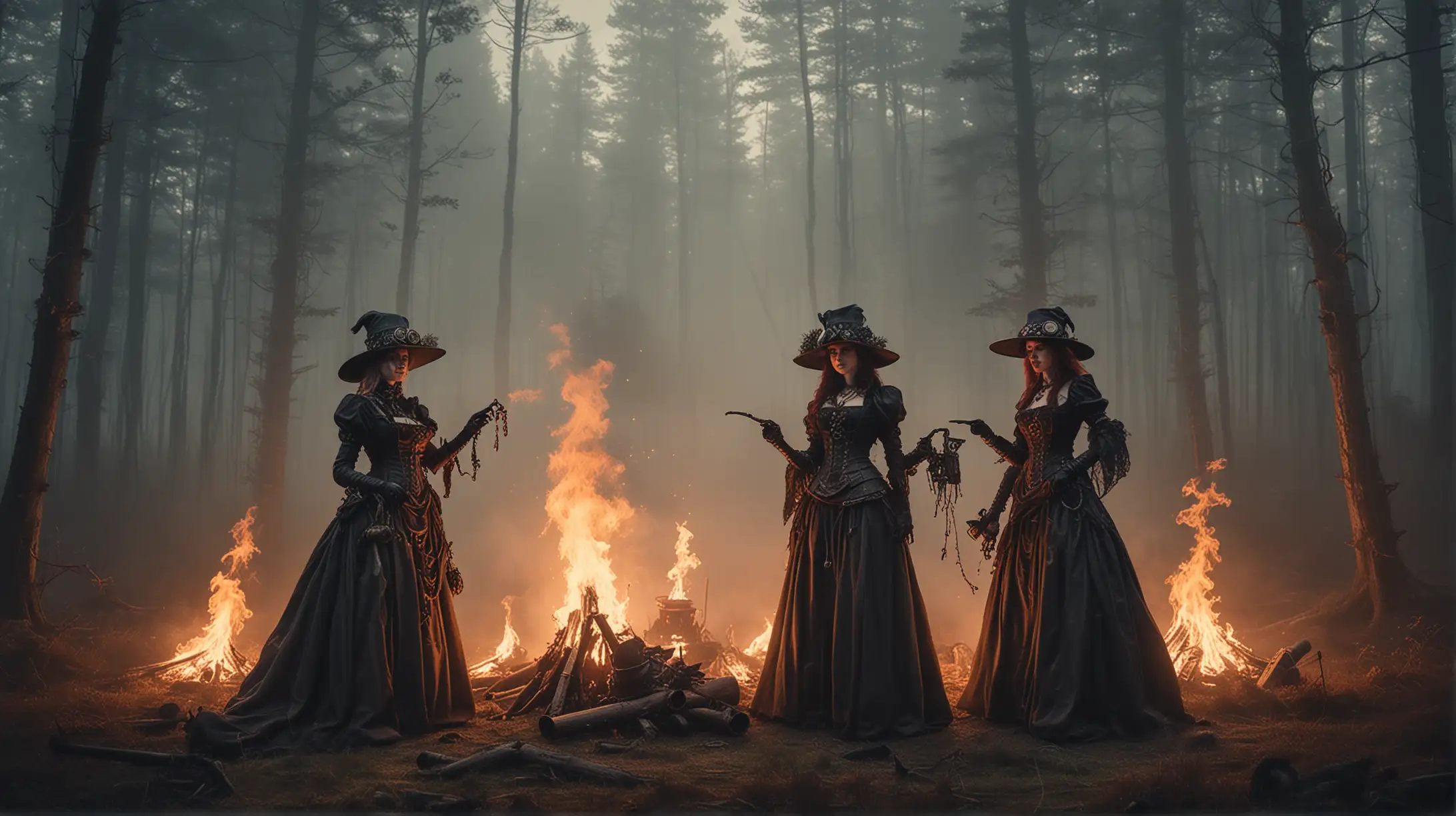 three steampunk witches stand around a balefire at a forest glade, completely dark, much smoke and fog