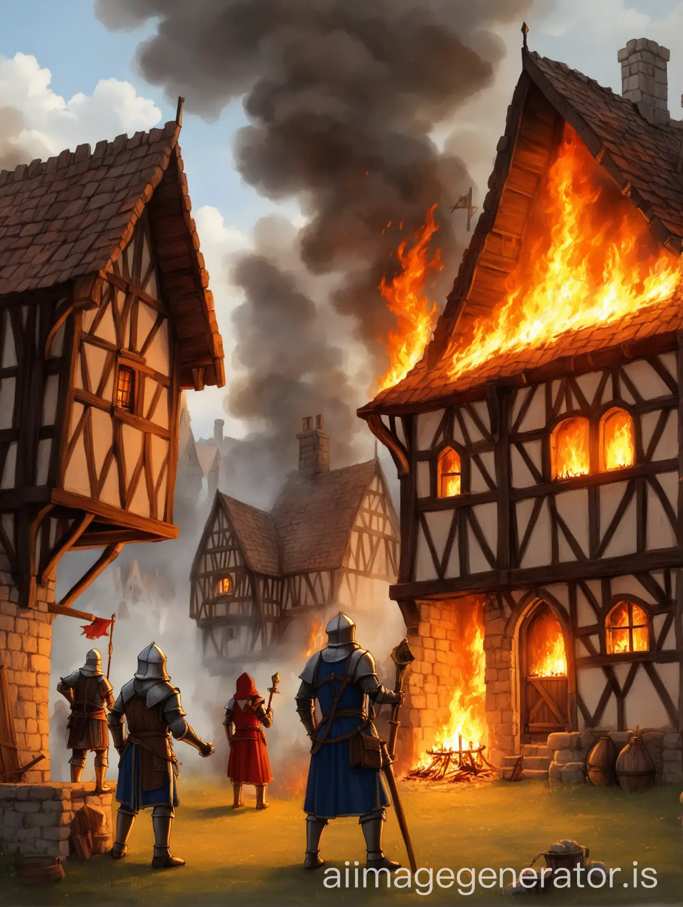 2 adventurers are watching someone else's house catch fire on fantasy/medieval