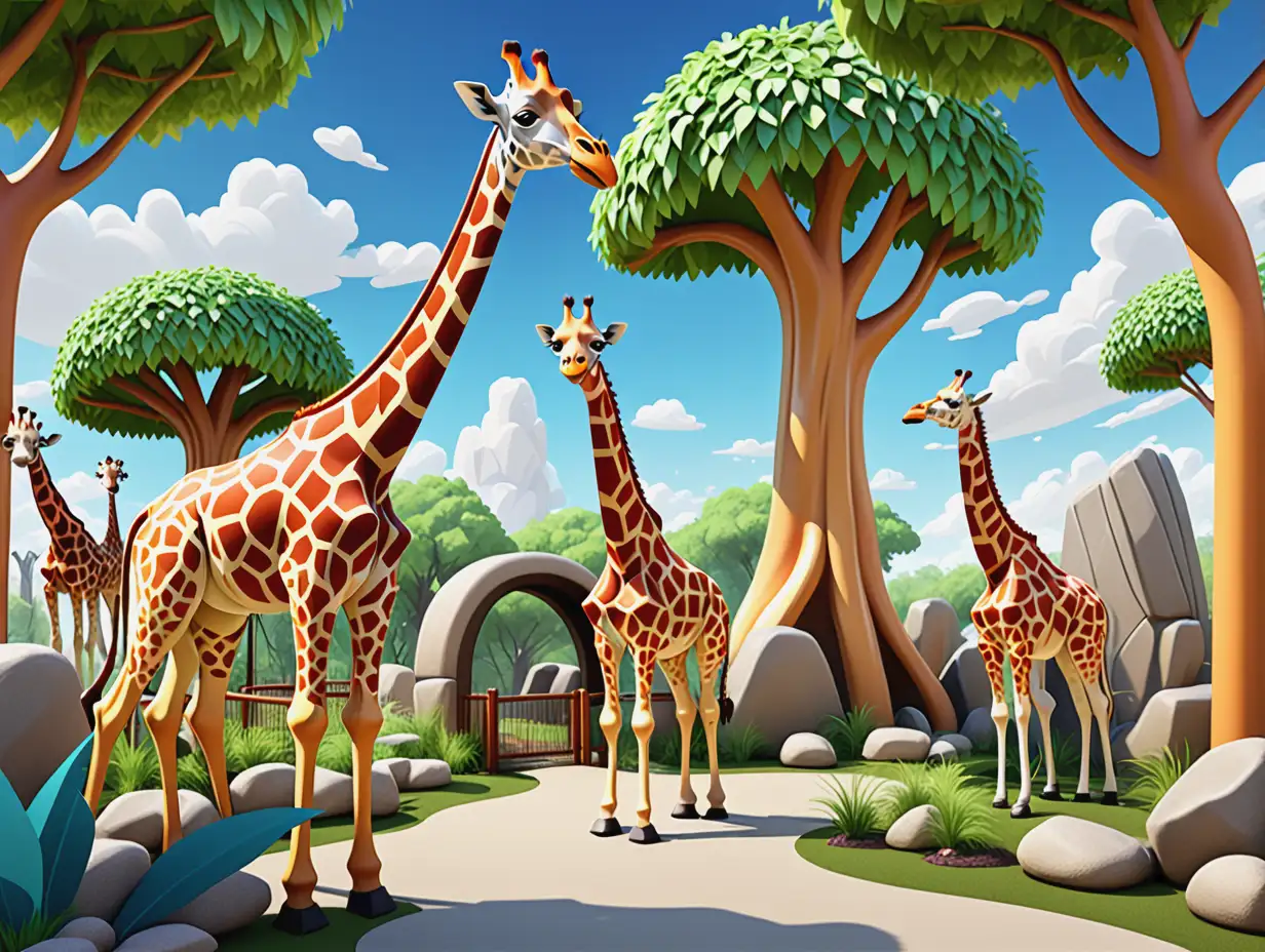 cartoon A cartoon-style zoo exhibit designed for giraffes, featuring lots of tall trees with leafy canopies, a grassy area, and scattered rocks. The background includes a blue sky with fluffy clouds and a playful, colorful design suitable for a children's cartoon series