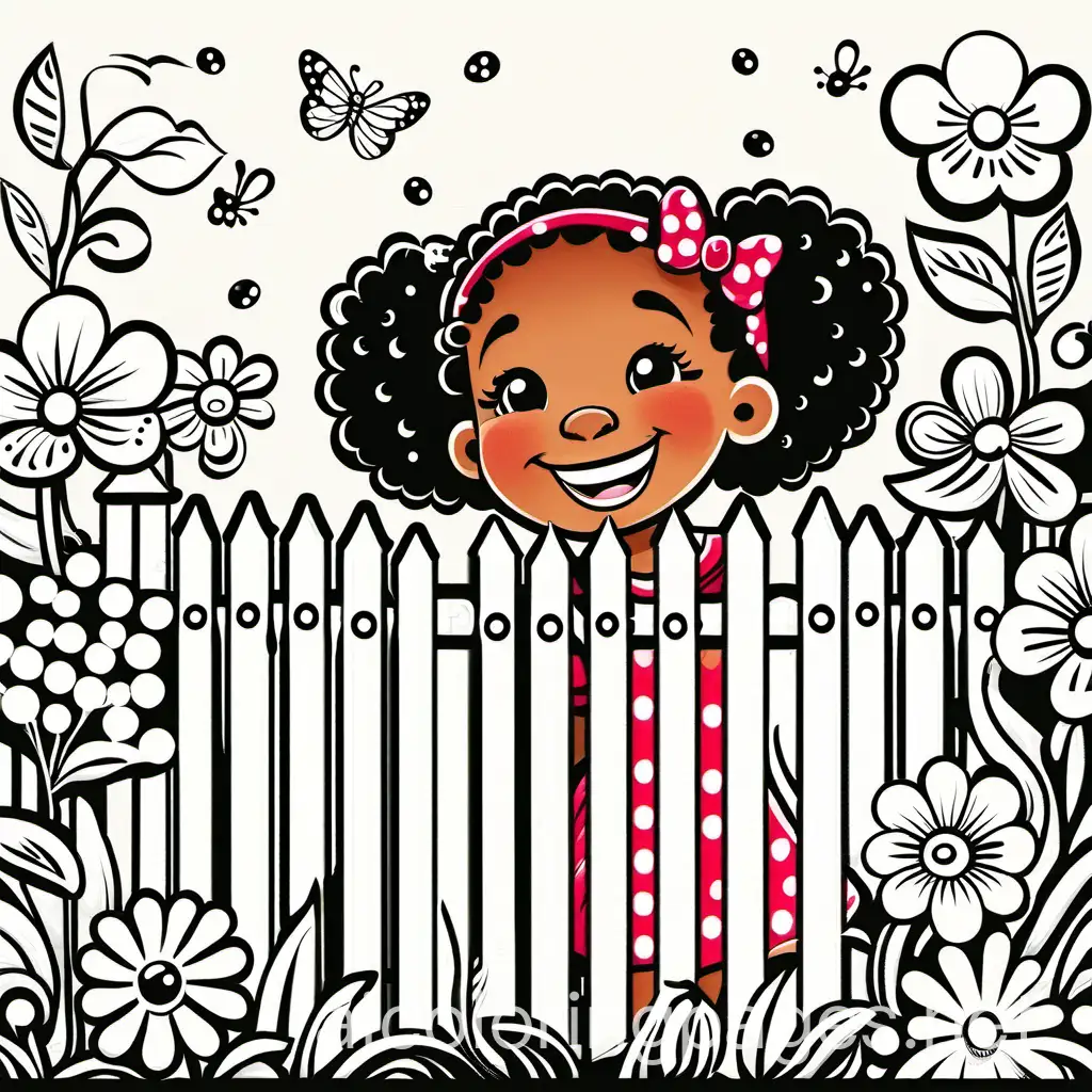 "A joyful African American toddler girl with curly pigtails is smiling among the ladybugs and flowers that adorn a garden gate. The scene should include ladybugs fluttering around the flowers and the girl. The girl's smile should be bright and cheerful, and the garden gate should be inviting and colorful. The overall atmosphere should be playful and whimsical, capturing the joy of a sunny day in the garden.", Coloring Page, black and white, line art, white background, Simplicity, Ample White Space. The background of the coloring page is plain white to make it easy for young children to color within the lines. The outlines of all the subjects are easy to distinguish, making it simple for kids to color without too much difficulty