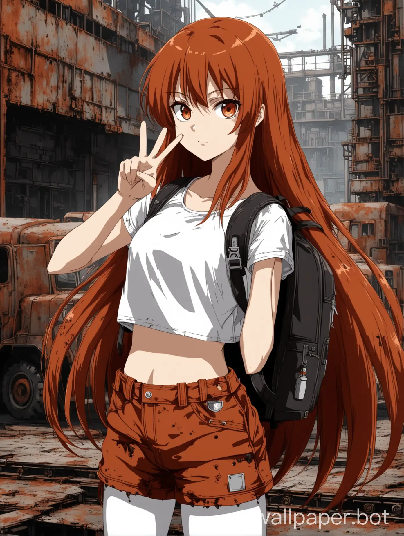 an anime girl in a white tight crop top, with rust colored very long hair, wearing a backpack, doing the V sign in front of her eye and with rusty industrialistic shorts