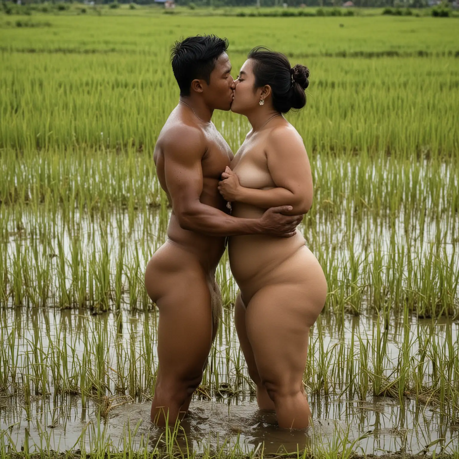 Romantic Nude Kiss in Indonesian Rice Field | AI Image Generator